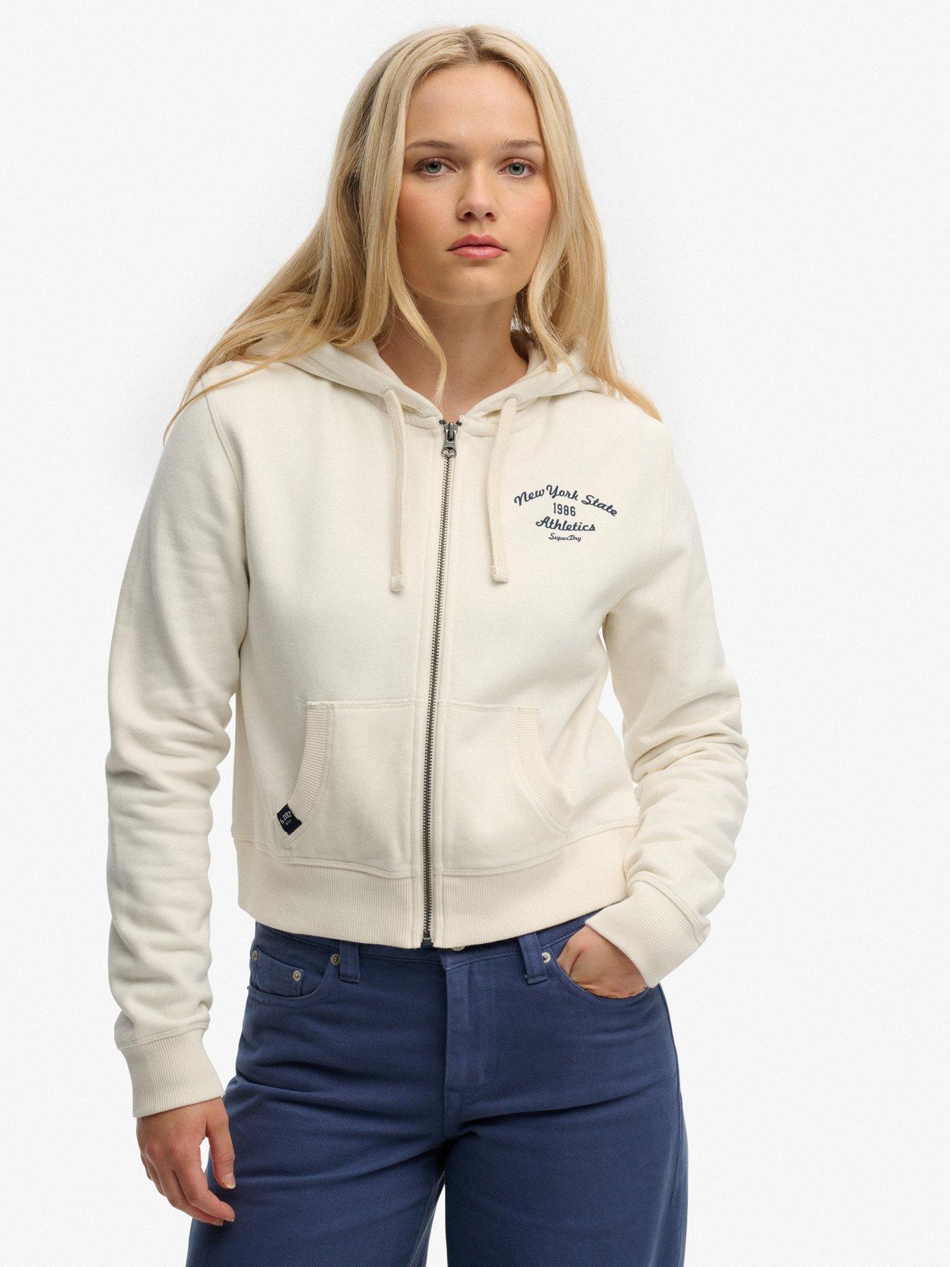 Image 1 of 5 of Superdry Athletic Essentials Relaxed Crop Zip Hoodie - White