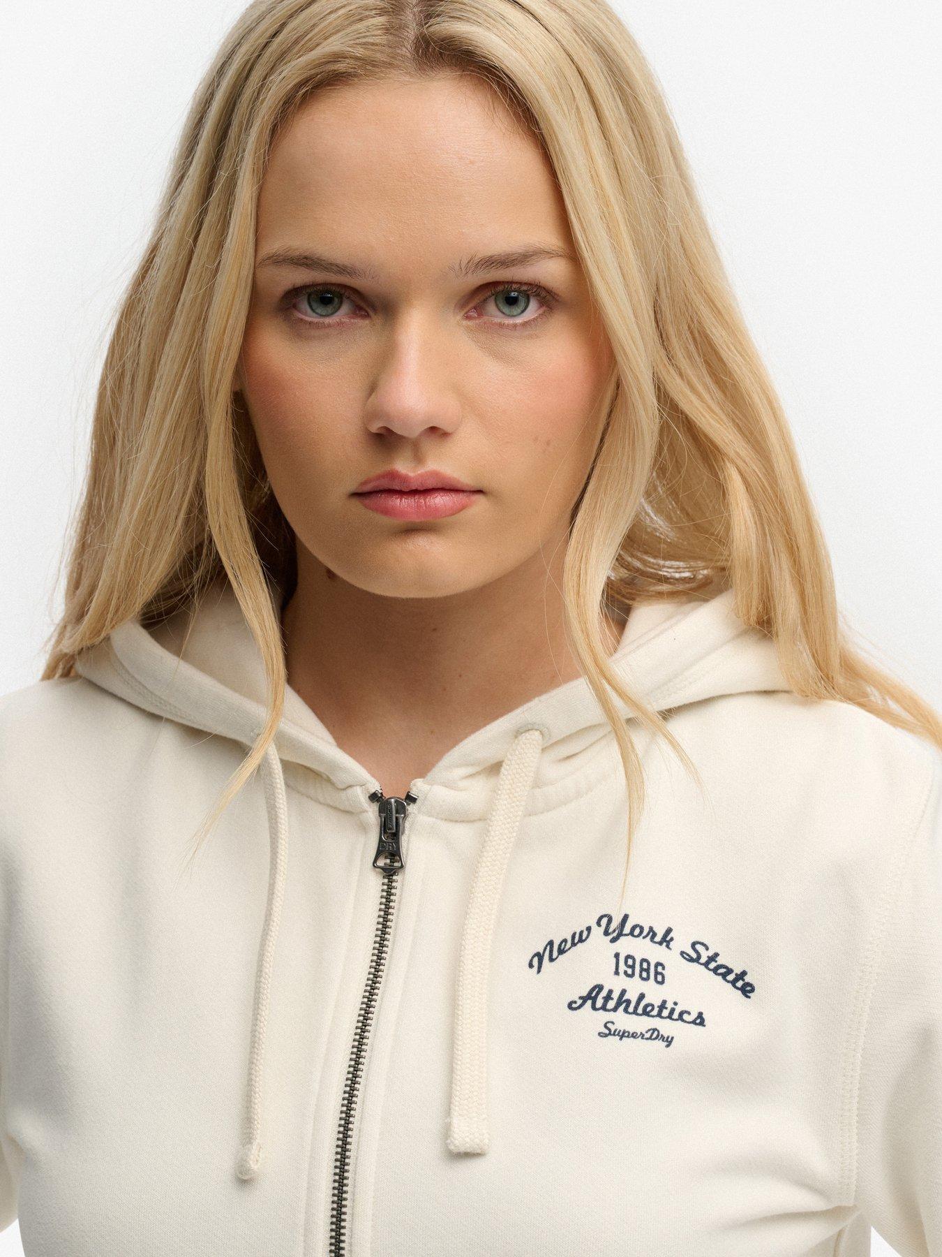Image 4 of 5 of Superdry Athletic Essentials Relaxed Crop Zip Hoodie - White