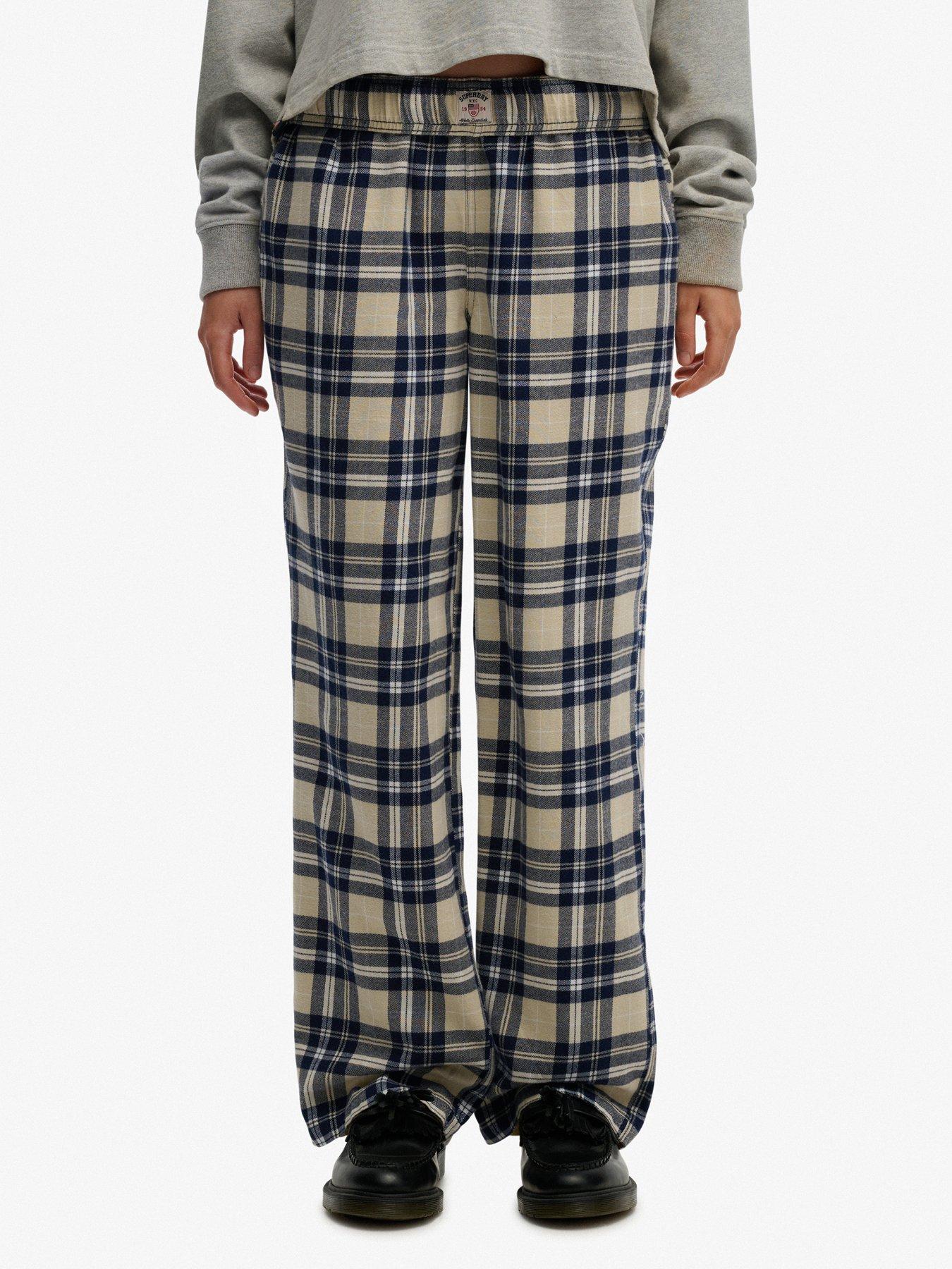 Image 1 of 7 of Superdry Cotton Check Elastic Trousers - Cream/Navy Check