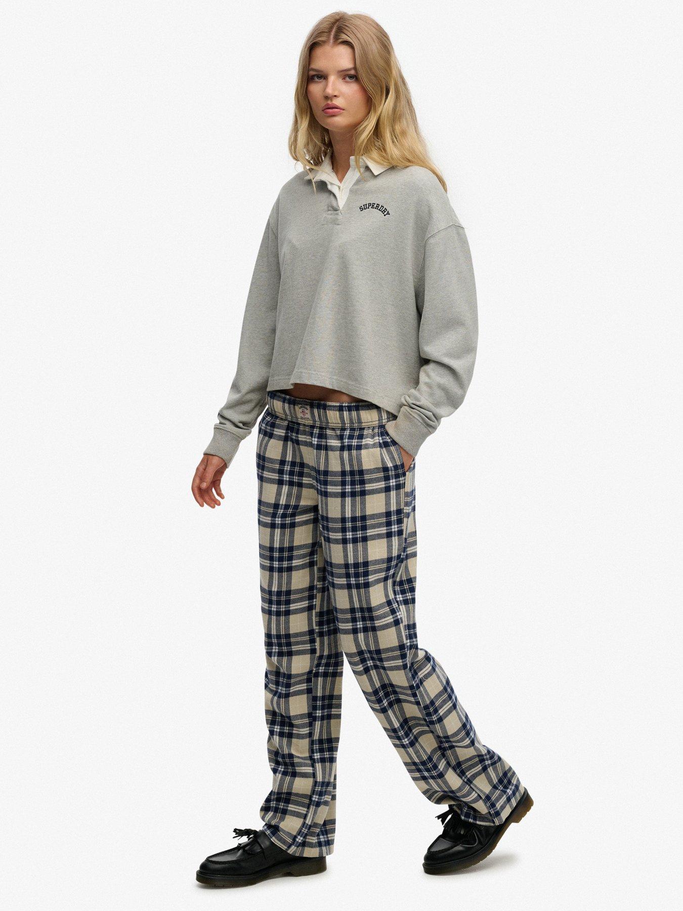 Image 3 of 7 of Superdry Cotton Check Elastic Trousers - Cream/Navy Check