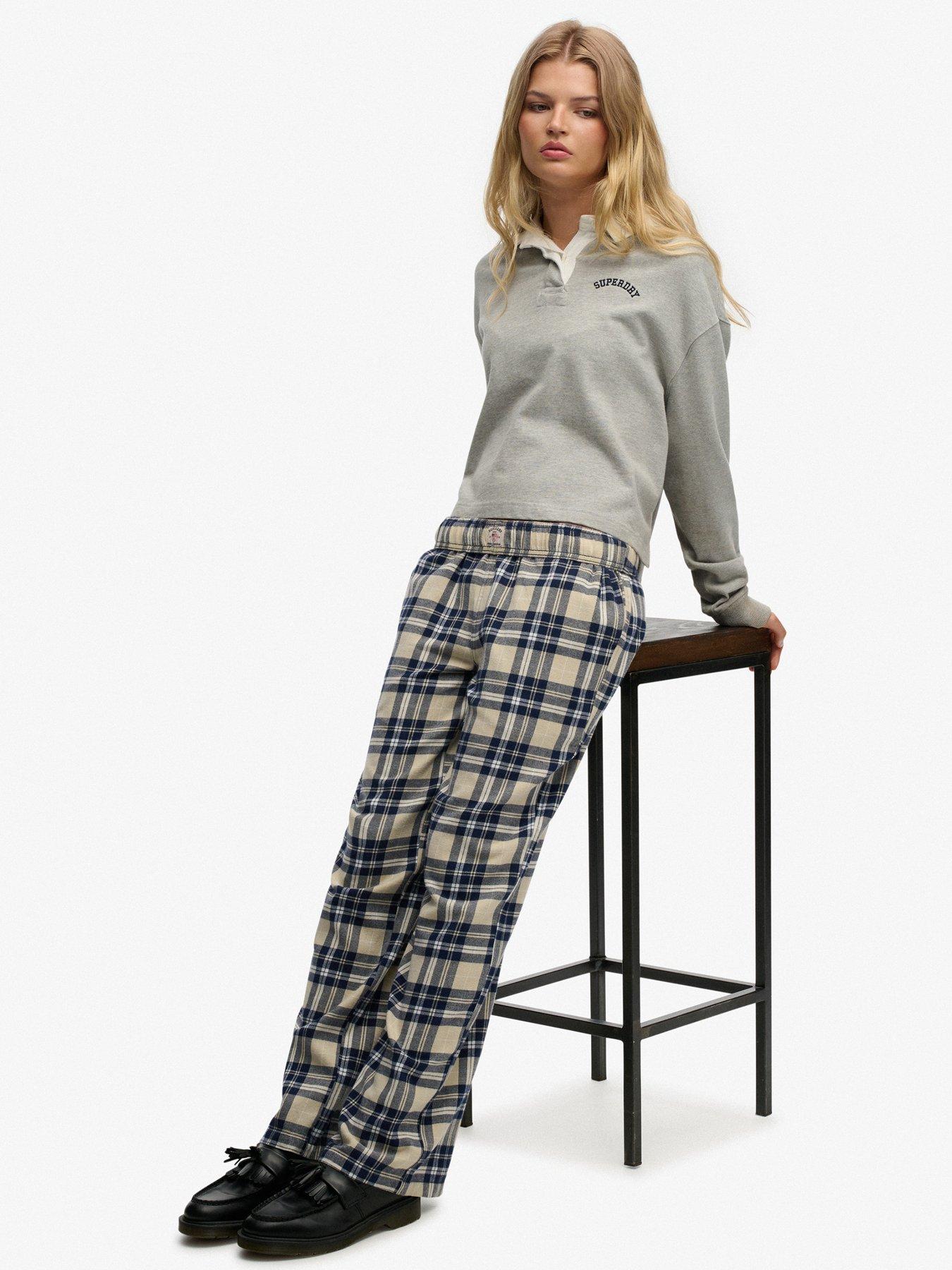 Image 6 of 7 of Superdry Cotton Check Elastic Trousers - Cream/Navy Check