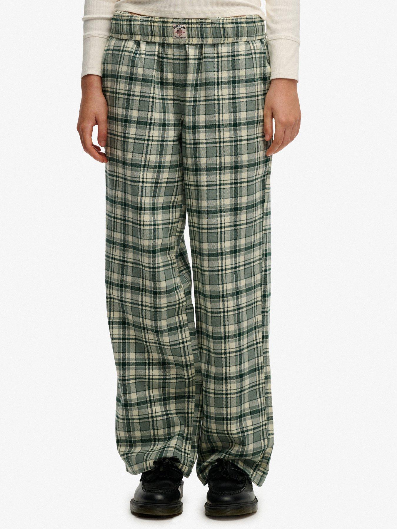 Image 1 of 7 of Superdry Cotton Check Elastic Trousers - Green