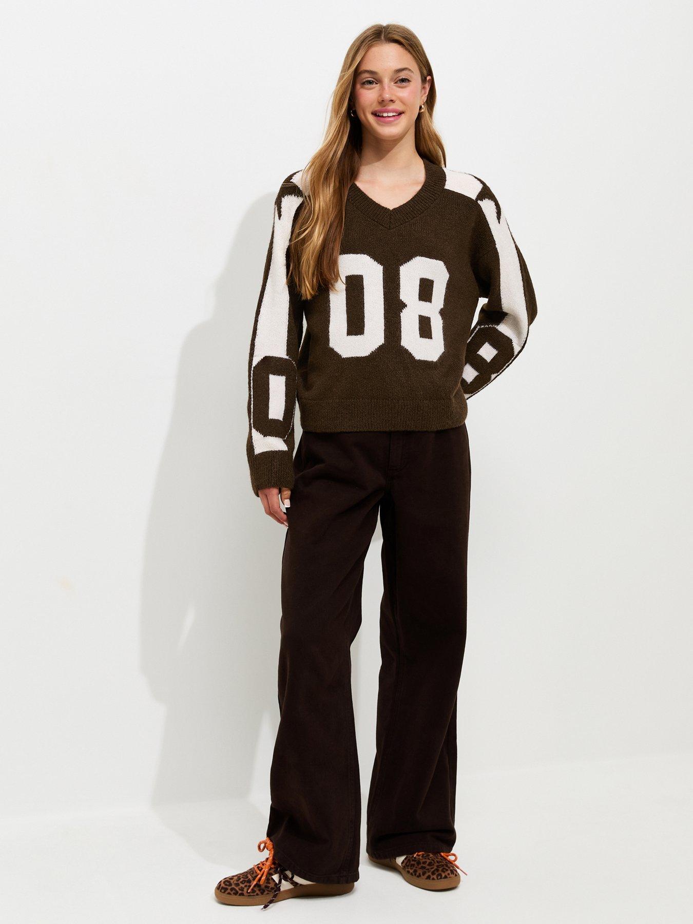 Image 3 of 6 of New Look 915 Girls Brown V-neck 08 Contrast Stripe Football Jumper
