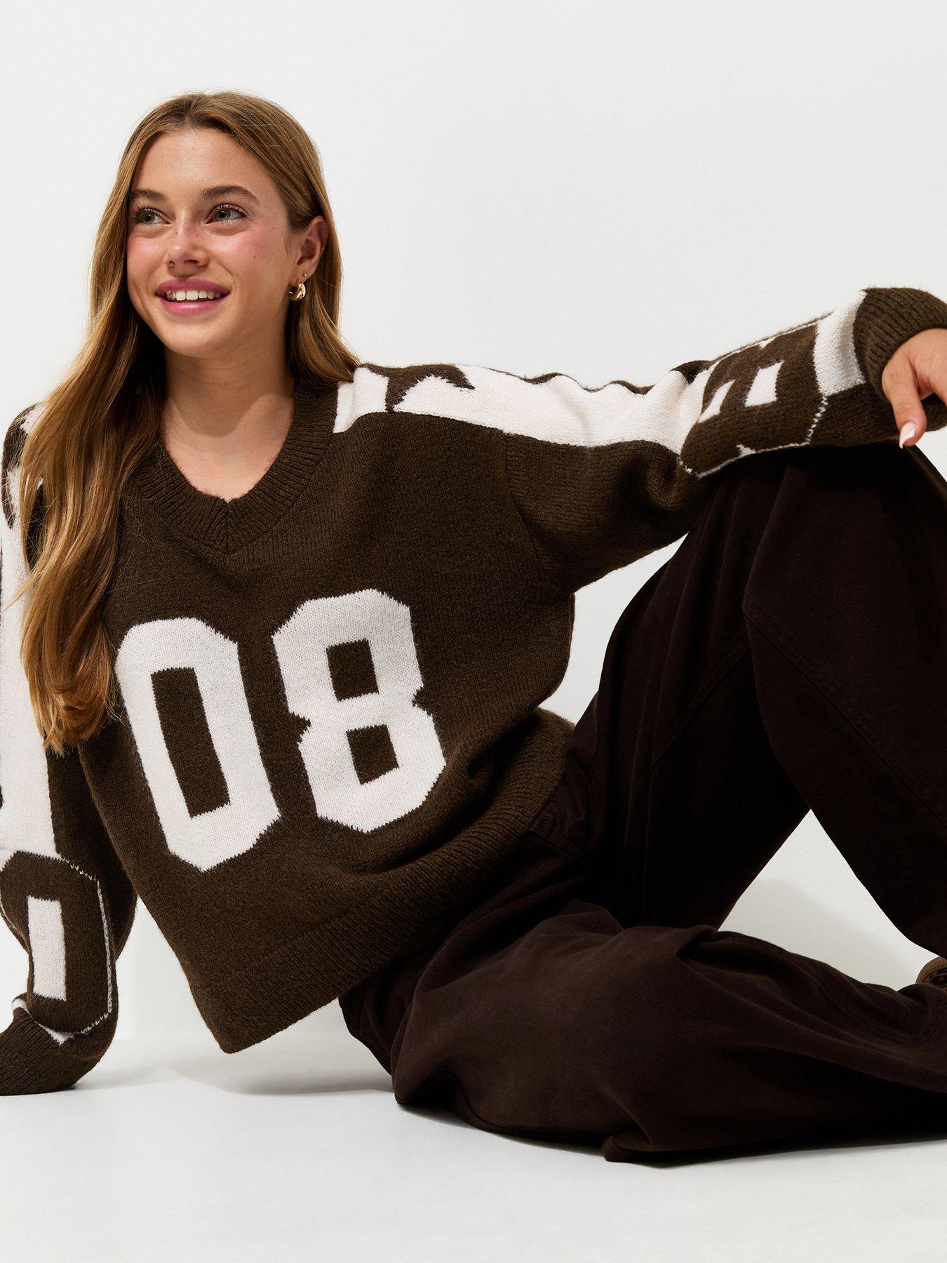 Image 4 of 6 of New Look 915 Girls Brown V-neck 08 Contrast Stripe Football Jumper