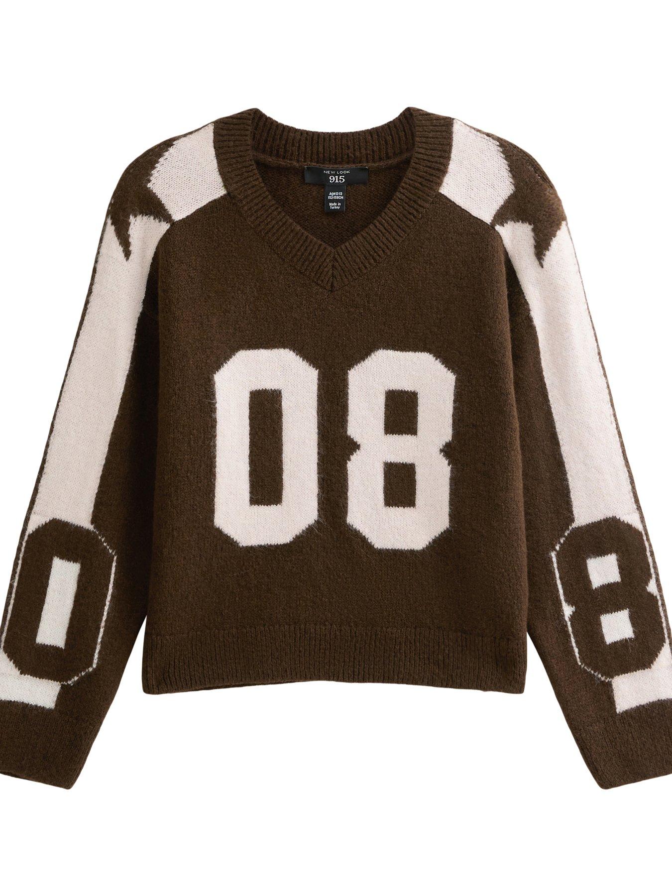 Image 6 of 6 of New Look 915 Girls Brown V-neck 08 Contrast Stripe Football Jumper
