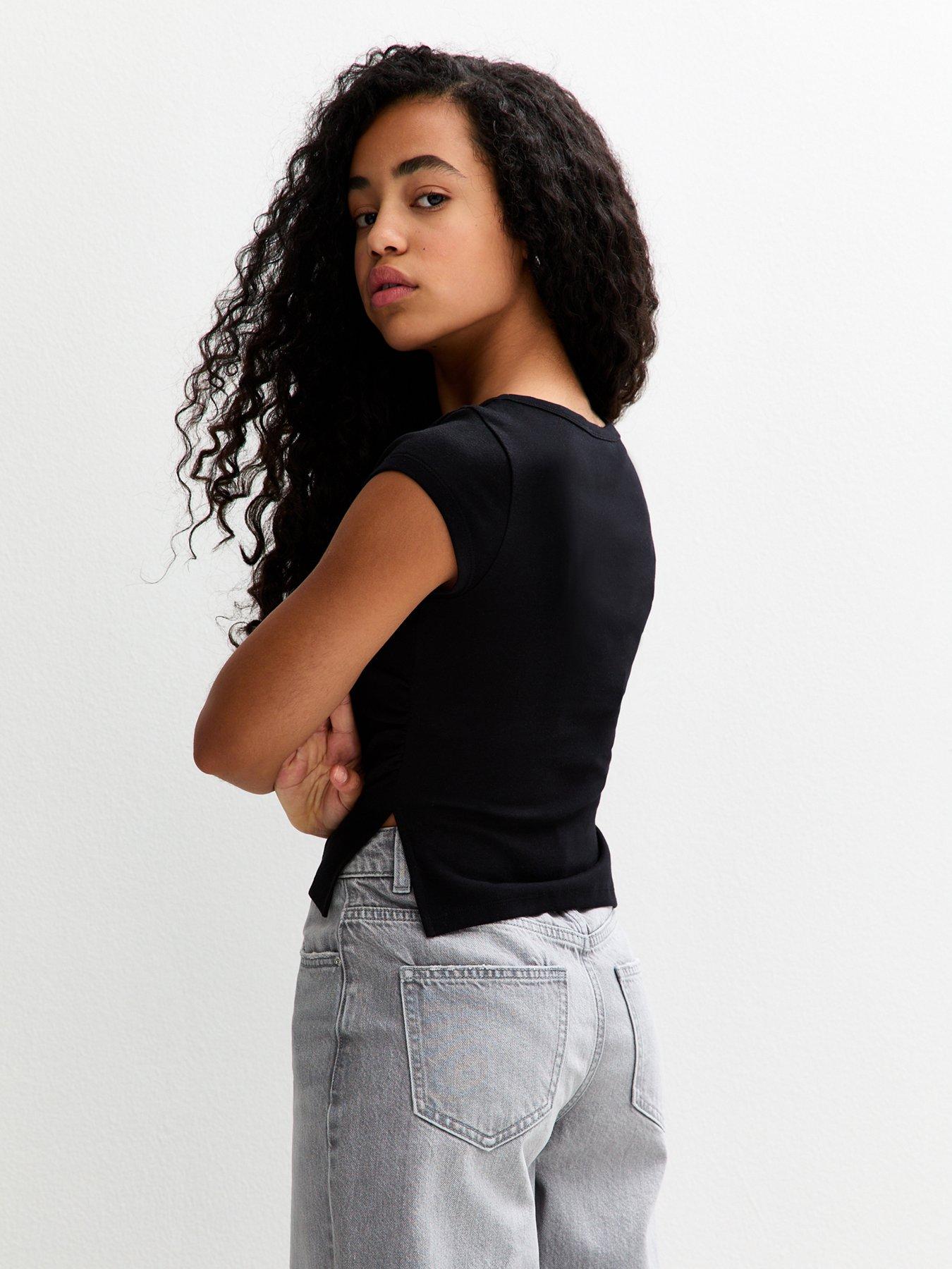 Image 2 of 6 of New Look 915 Girls Split Side Ruched Cap Sleeve Top - Black