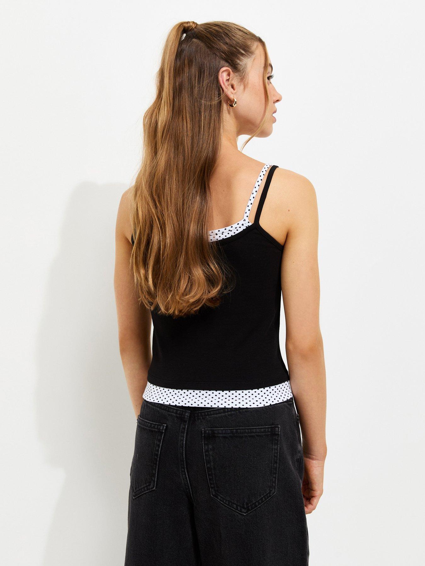 Image 2 of 4 of New Look 915 Girls Cotton Rich York Spotty Trim 2 In 1 Cami Vest Top - Black