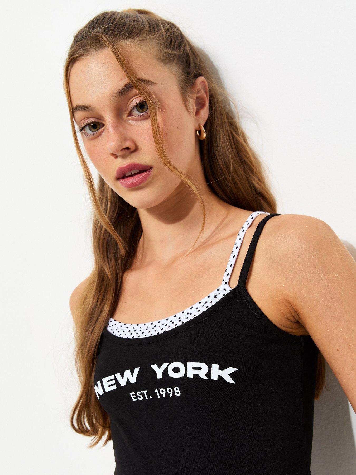 Image 3 of 4 of New Look 915 Girls Cotton Rich York Spotty Trim 2 In 1 Cami Vest Top - Black