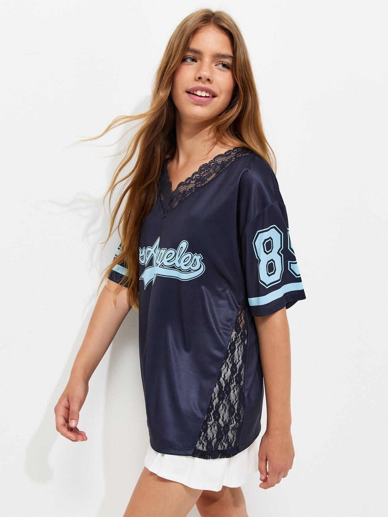 New Look 915 Girls Lace Neck Los Angeles Longline Football Top - Navy