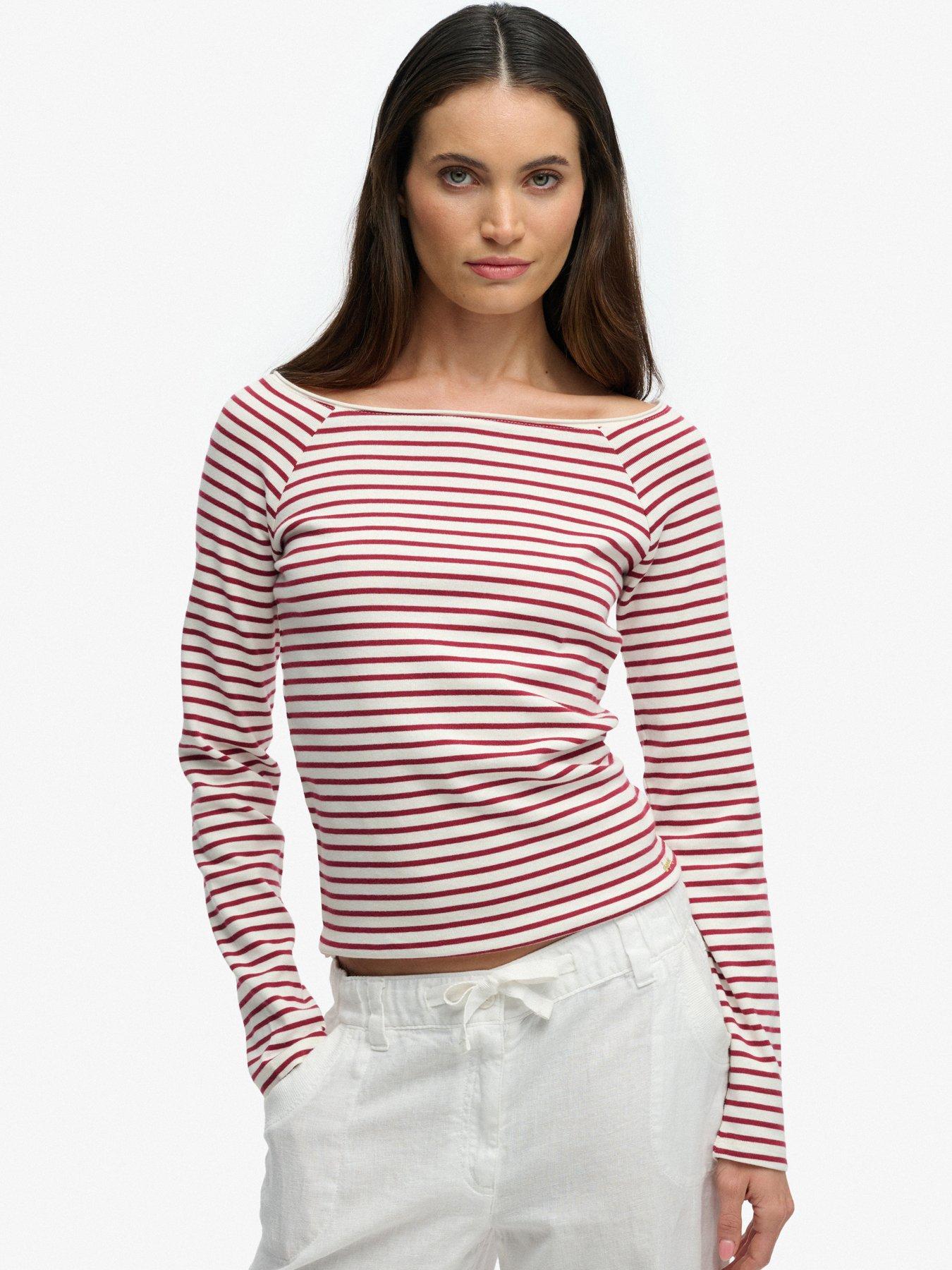 Superdry Bardot Off Shoulder Top - Bordeaux Red Stripe