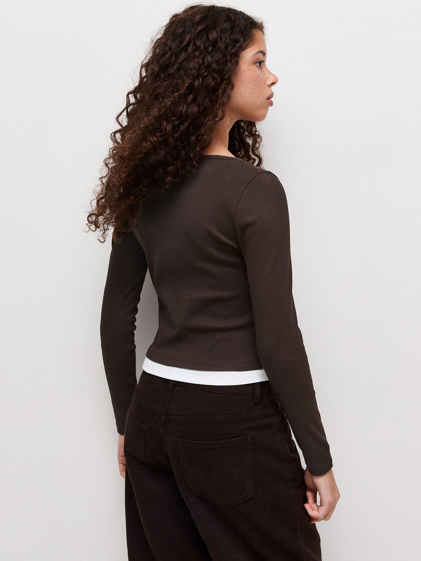 Image 2 of 5 of New Look 915 Girls Dark Brown Cotton Rich Layered Lace Trim Henley Top