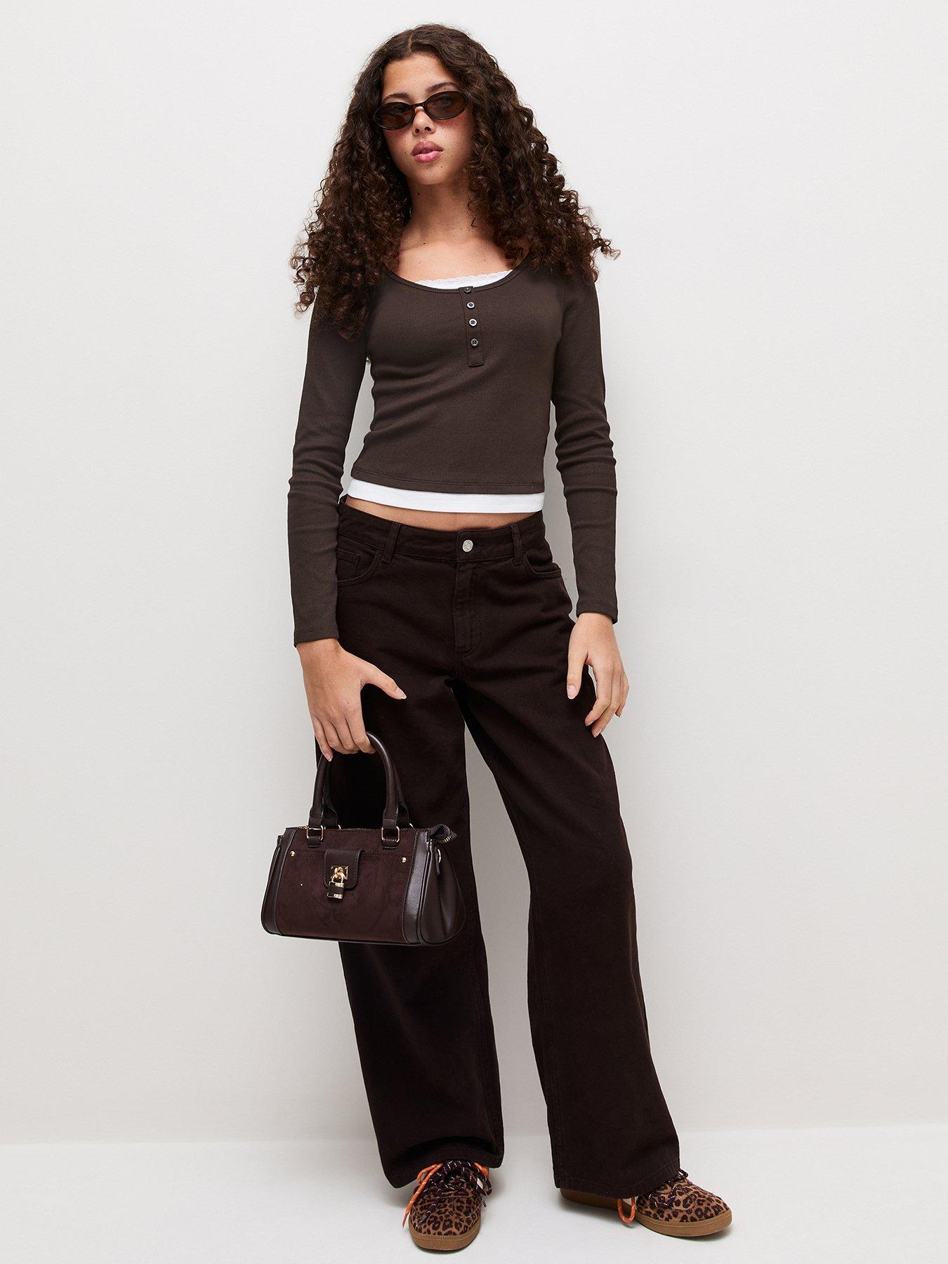 Image 3 of 5 of New Look 915 Girls Dark Brown Cotton Rich Layered Lace Trim Henley Top