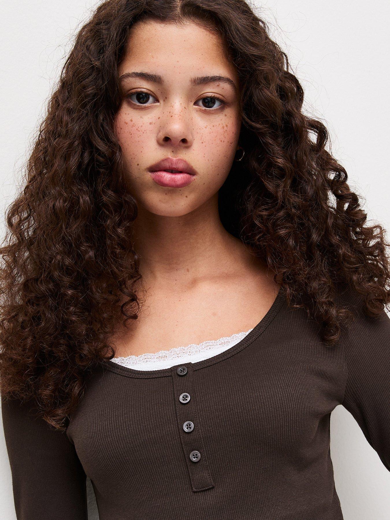 Image 4 of 5 of New Look 915 Girls Dark Brown Cotton Rich Layered Lace Trim Henley Top