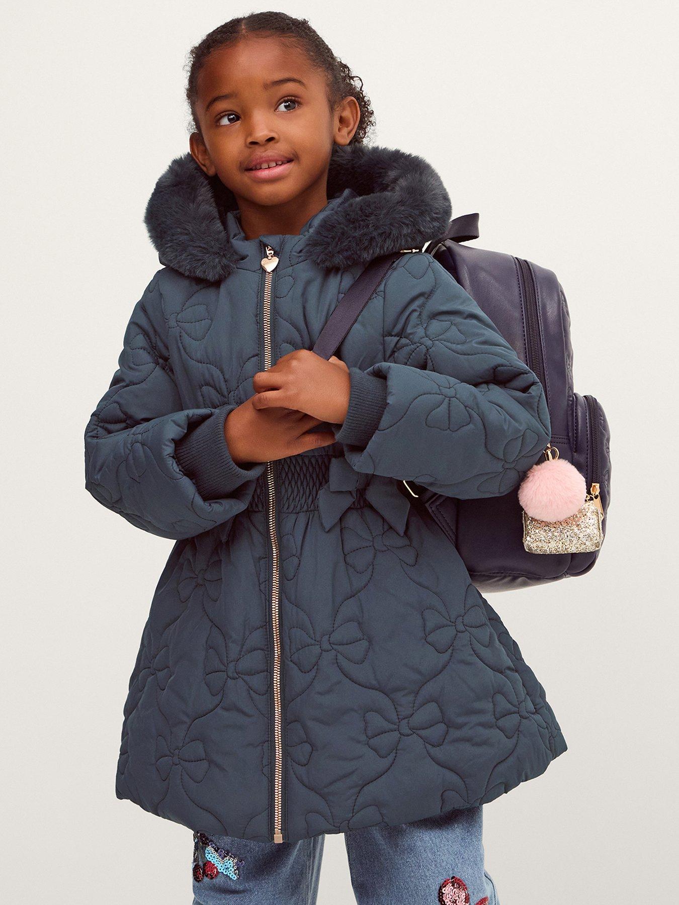 Monsoon Girls Padded Bonnie Bow Quilted Coat - Navy