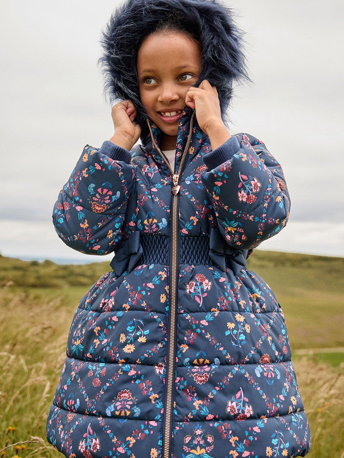 Monsoon Girl Padded Trellis Floral Coat - Navy