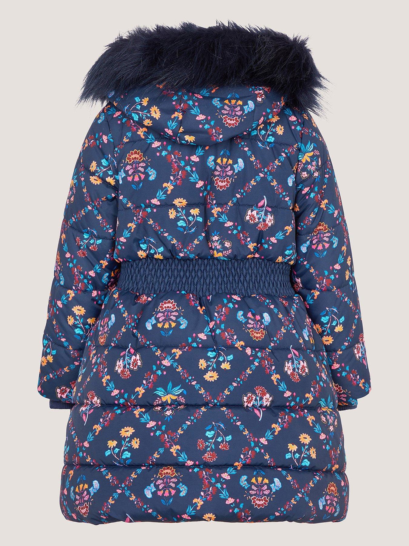 Image 3 of 4 of Monsoon Girl Padded Trellis Floral Coat - Navy