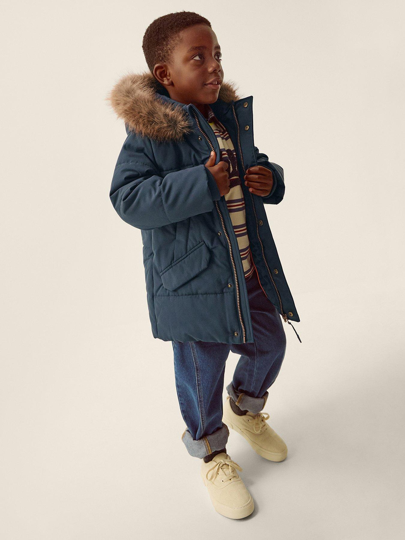 Monsoon Boys' Mid Length Puffer Coat with Faux Fur Hood - Navy