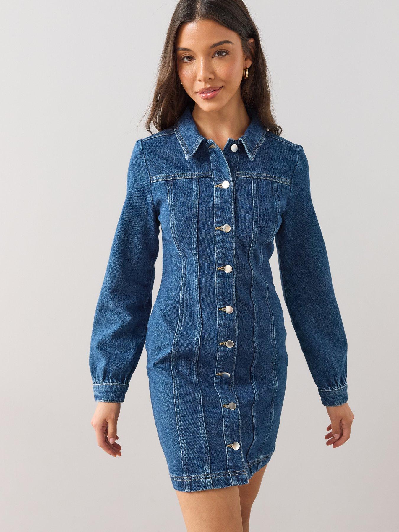 Image 1 of 6 of The Very Collection Seam Detail Denim Midi Dress Dark Wash