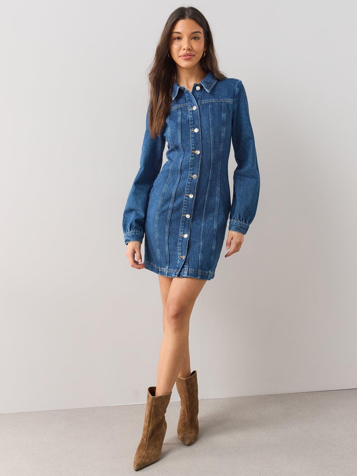 Image 3 of 6 of The Very Collection Seam Detail Denim Midi Dress Dark Wash