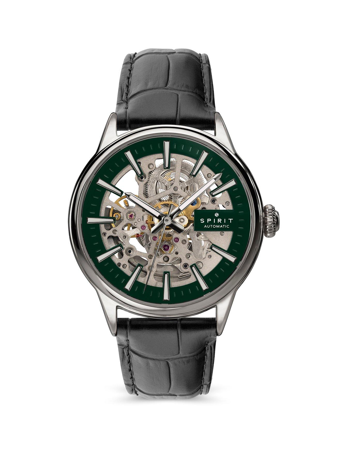 Image 1 of 7 of Spirit Gents Skeleton Automatic Silver Plated Black Leather Strap Watch