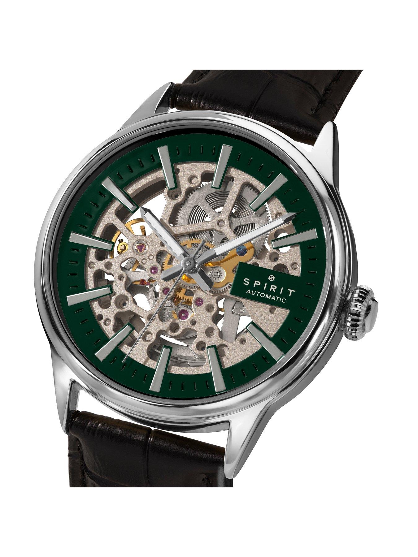 Image 2 of 7 of Spirit Gents Skeleton Automatic Silver Plated Black Leather Strap Watch