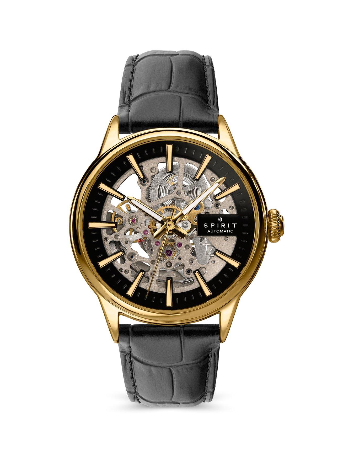 Image 1 of 7 of Spirit Gents Skeleton Automatic Gold Plated Black Leather Strap Watch