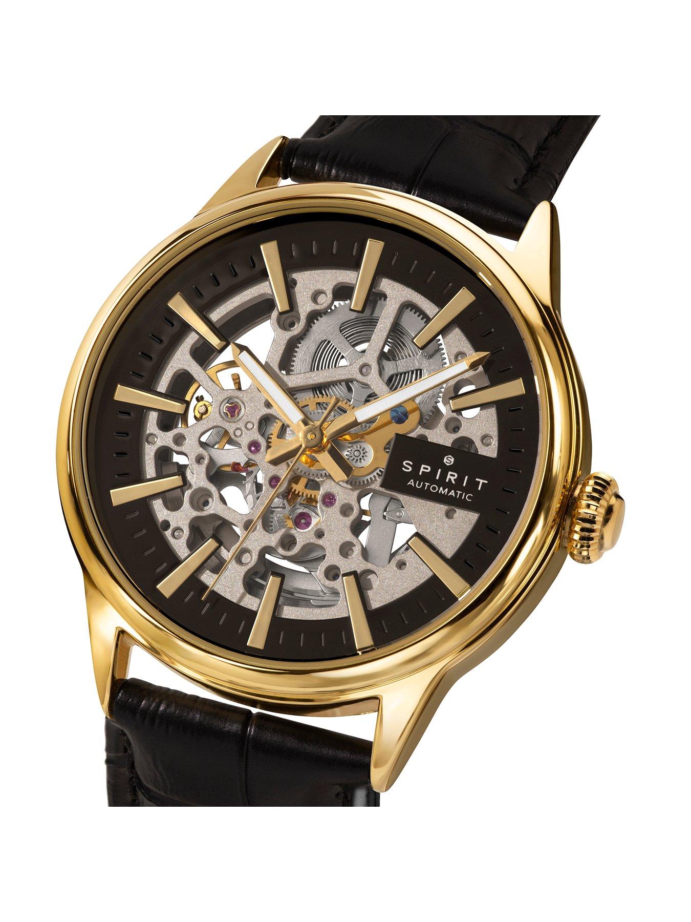 Image 2 of 7 of Spirit Gents Skeleton Automatic Gold Plated Black Leather Strap Watch