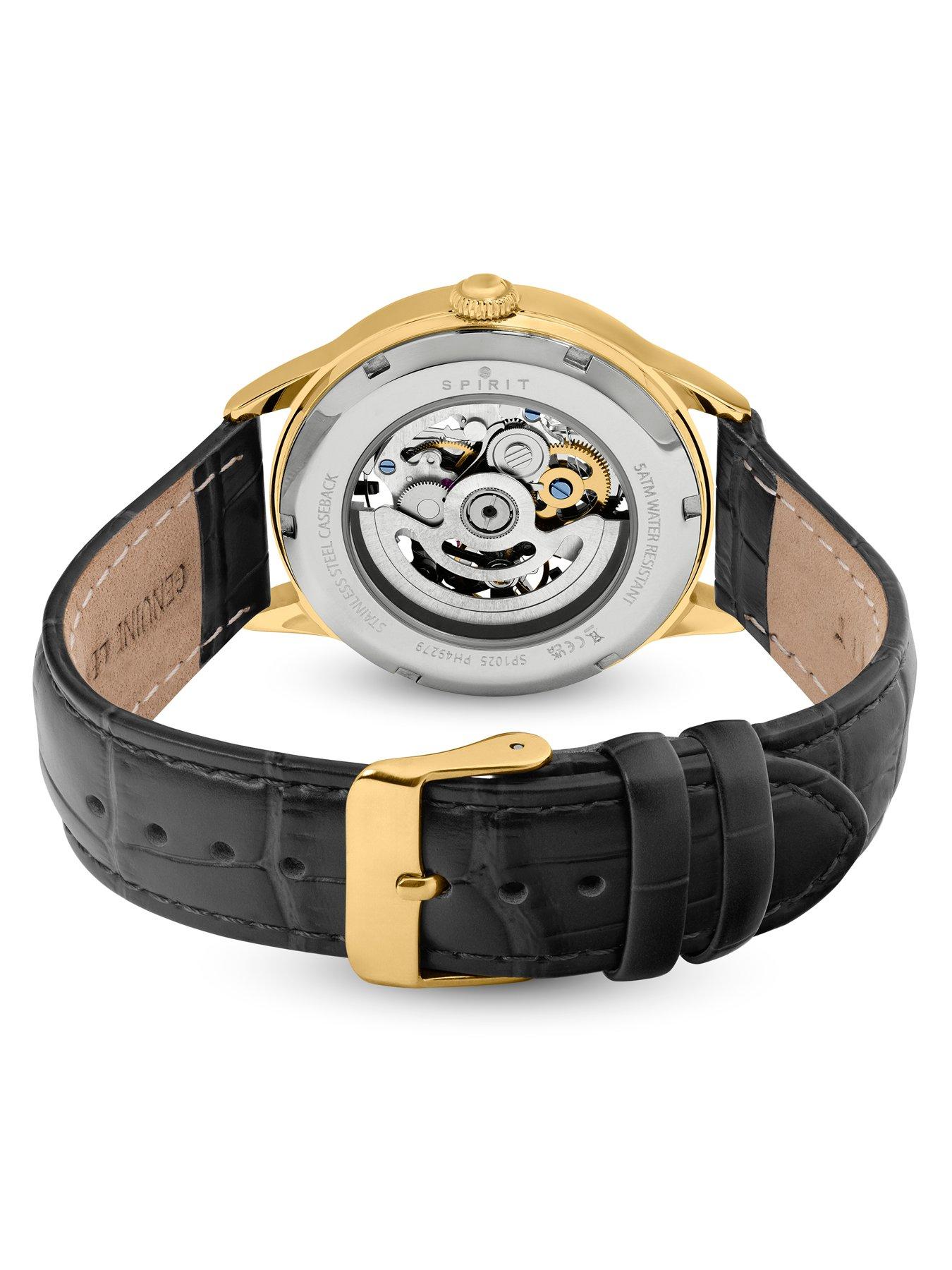 Image 3 of 7 of Spirit Gents Skeleton Automatic Gold Plated Black Leather Strap Watch