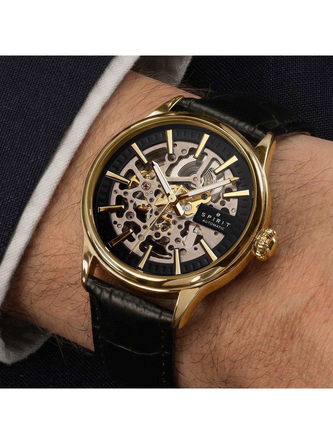 Image 4 of 7 of Spirit Gents Skeleton Automatic Gold Plated Black Leather Strap Watch
