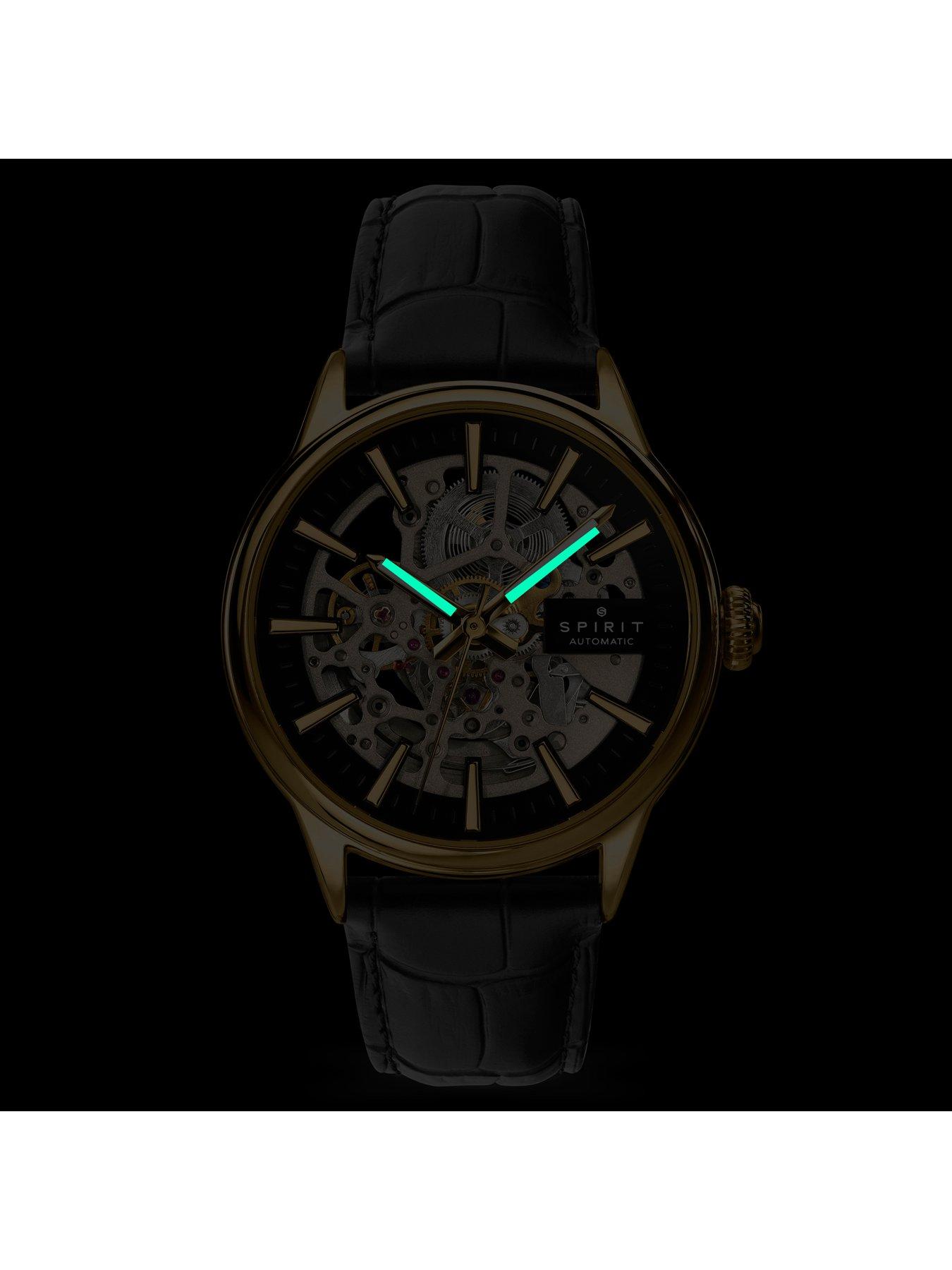 Image 5 of 7 of Spirit Gents Skeleton Automatic Gold Plated Black Leather Strap Watch