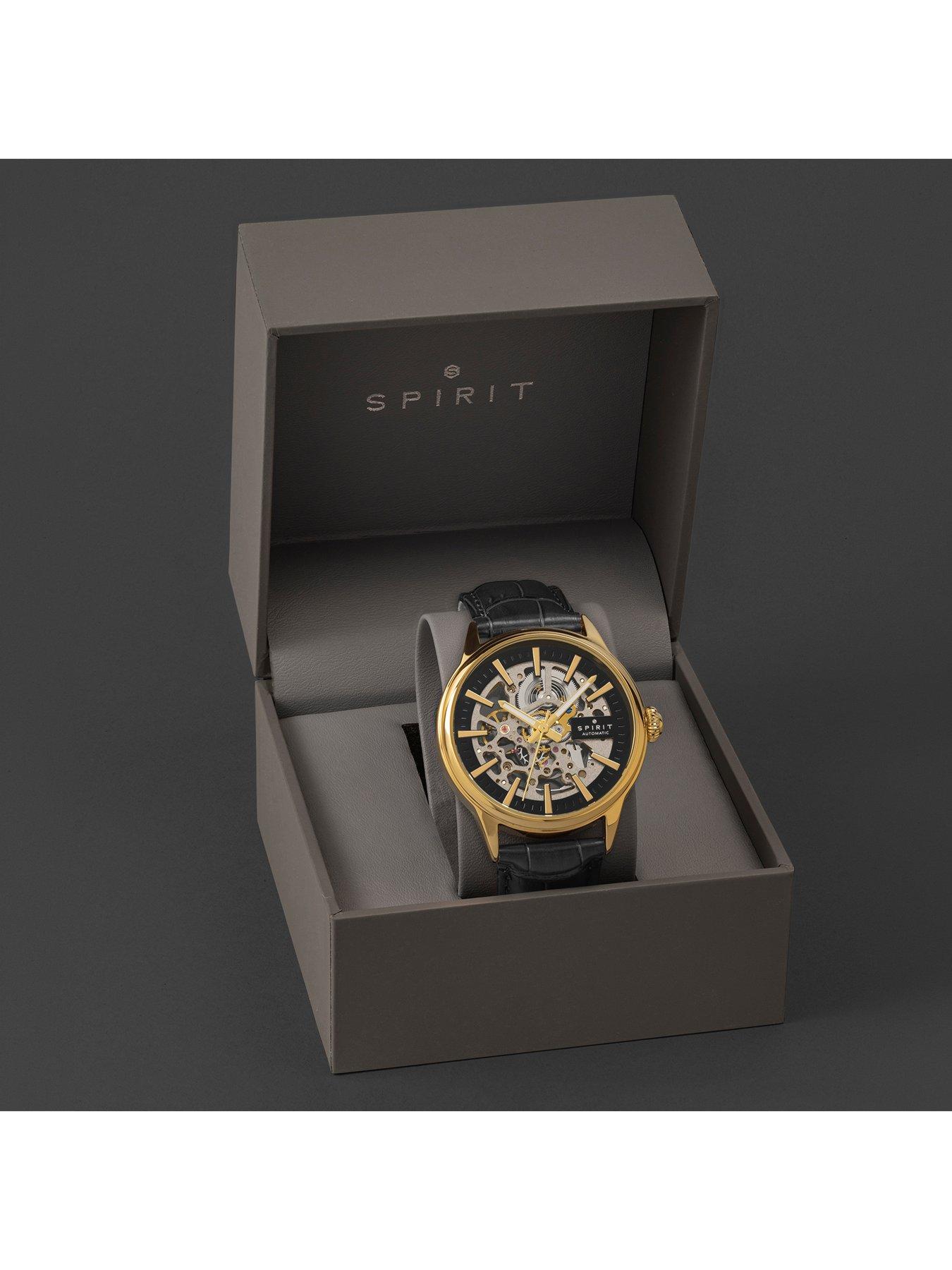 Image 6 of 7 of Spirit Gents Skeleton Automatic Gold Plated Black Leather Strap Watch