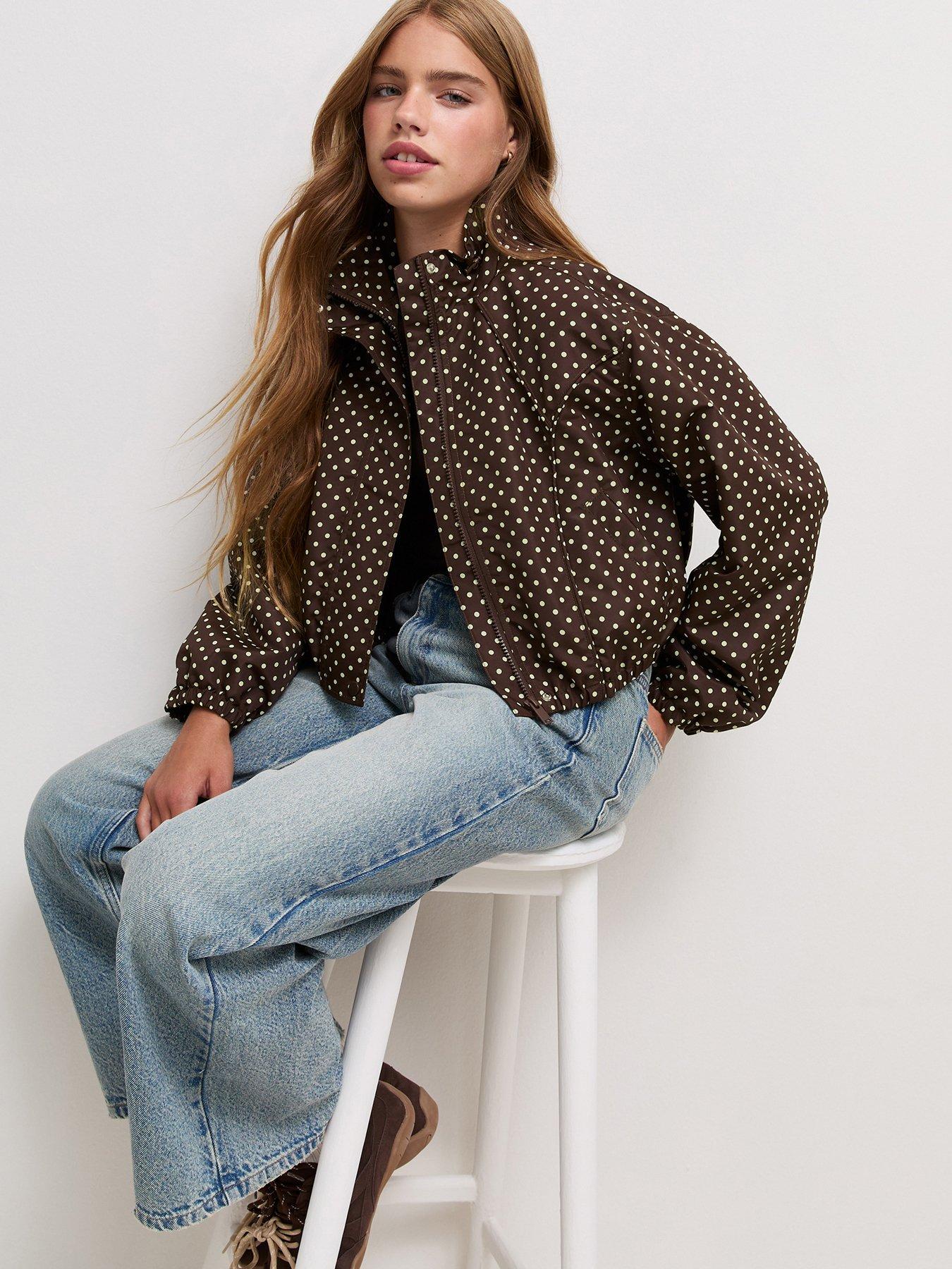 Image 1 of 5 of New Look 915 Girls Spot Print High Neck Zip Windbreaker Jacket - Brown