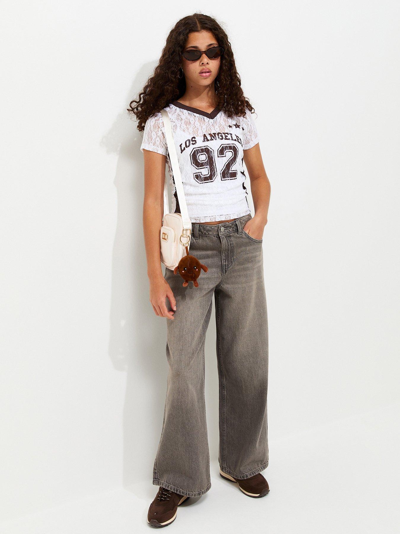Image 3 of 5 of New Look 915 Girls Floral Lace Los Angeles Ruched Side Football Top - White