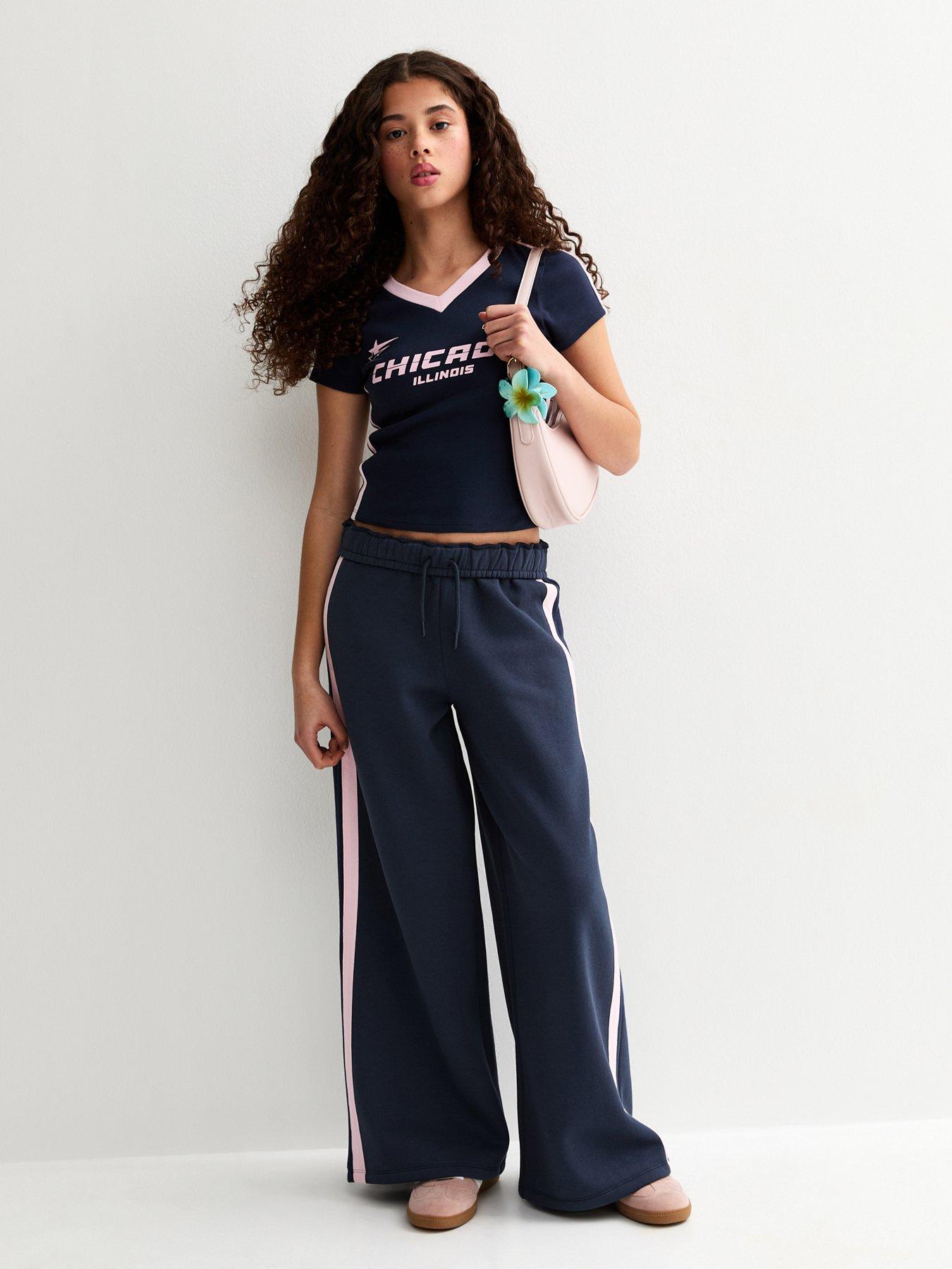 Image 1 of 5 of New Look 915 Girls Foldover Waist Super Wide Leg Jogging Bottoms - Dark Blue