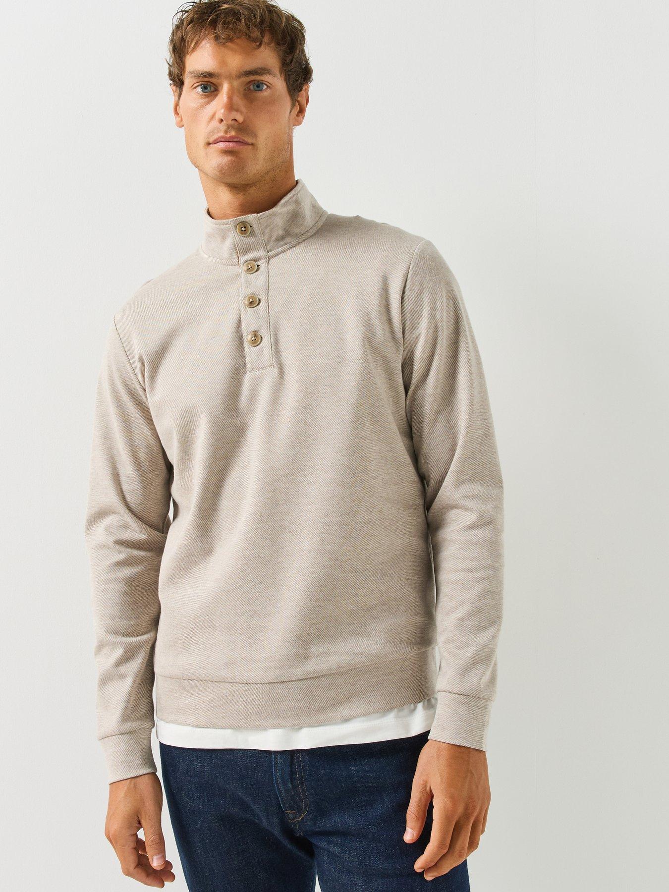 Image 1 of 6 of Hackett London Twill Jacquard Placket Button Neck Sweatshirt - Beige