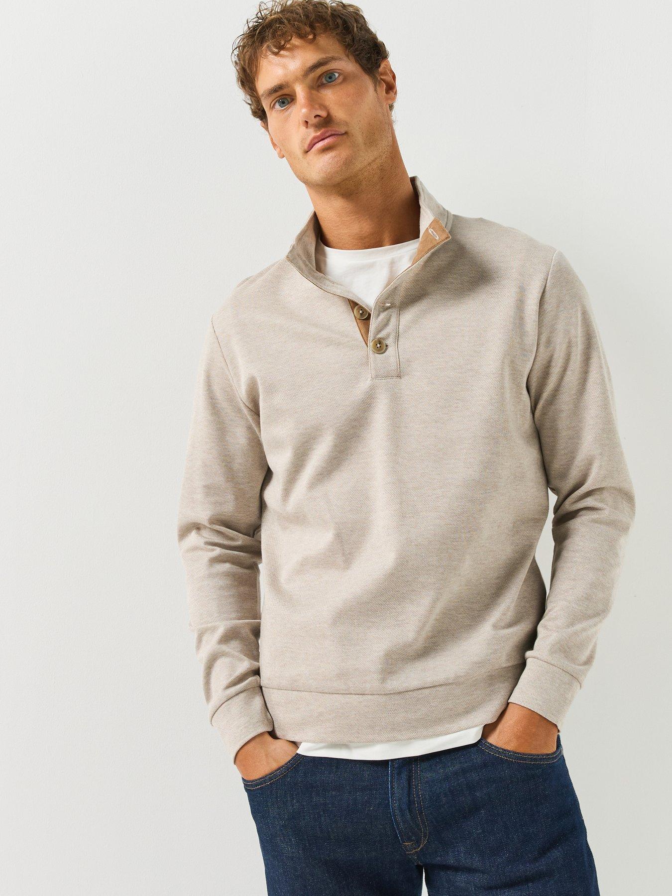 Image 6 of 6 of Hackett London Twill Jacquard Placket Button Neck Sweatshirt - Beige