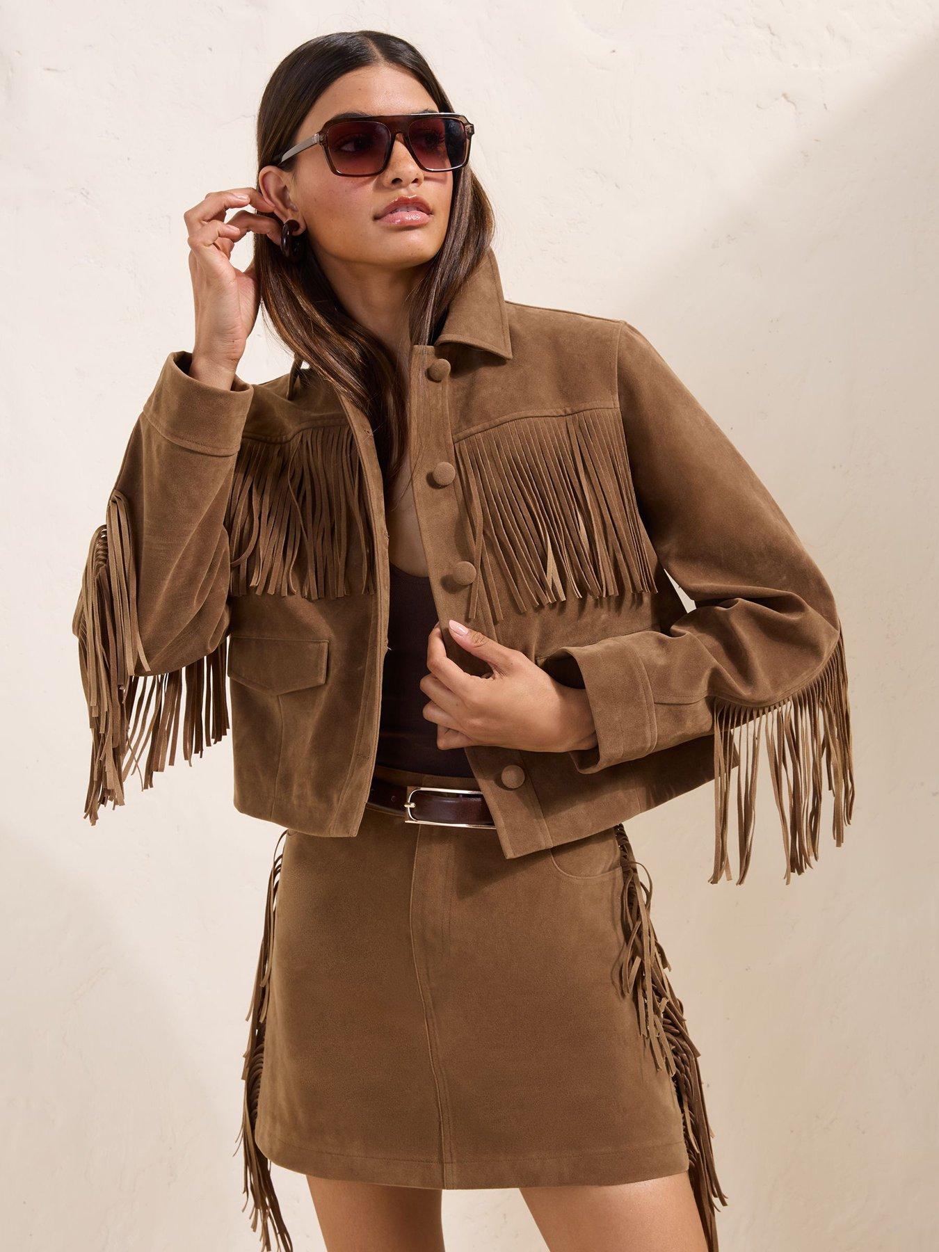 Image 1 of 5 of Friends Like These Tan Brown Fringe Faux Suede Jacket
