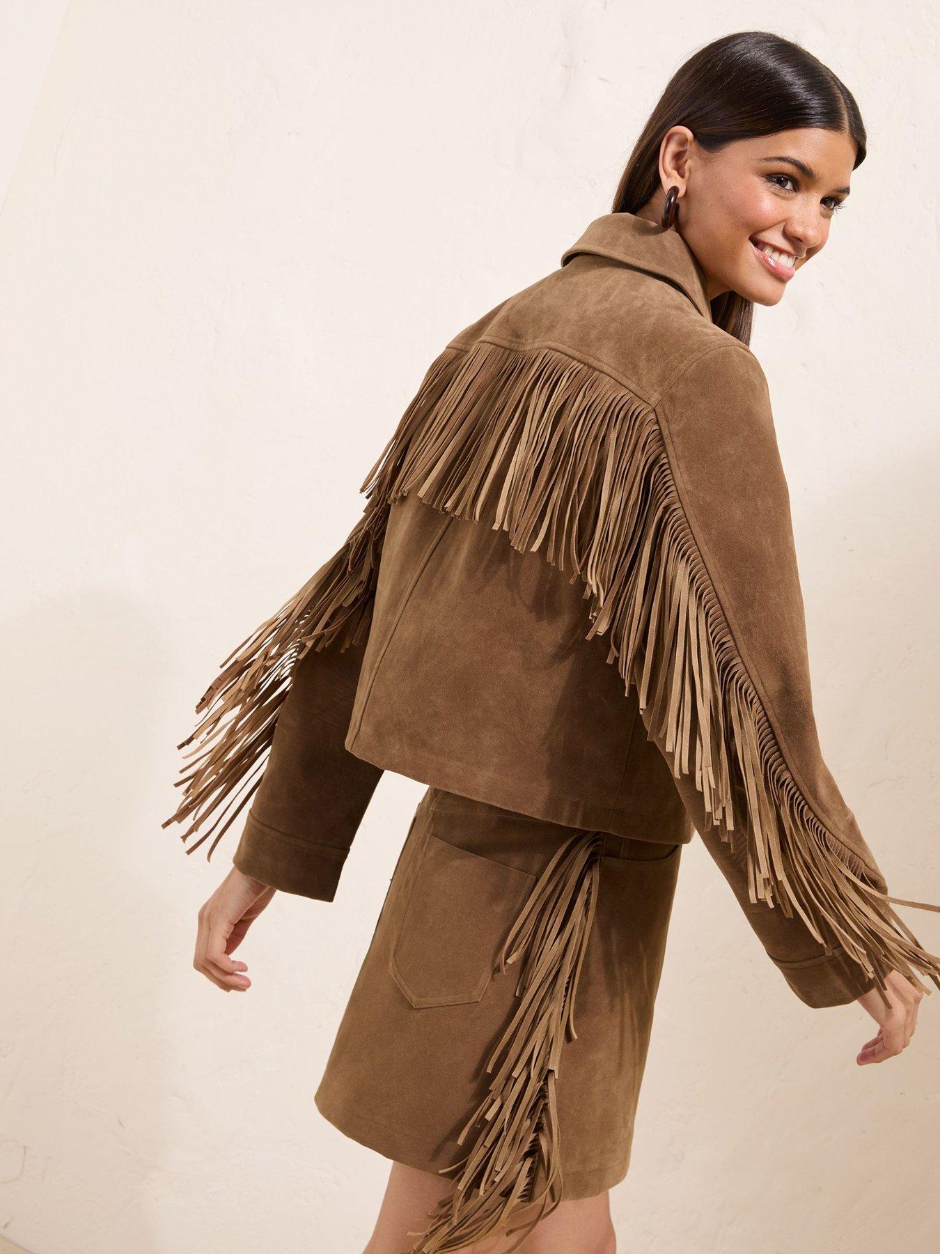Image 2 of 5 of Friends Like These Tan Brown Fringe Faux Suede Jacket