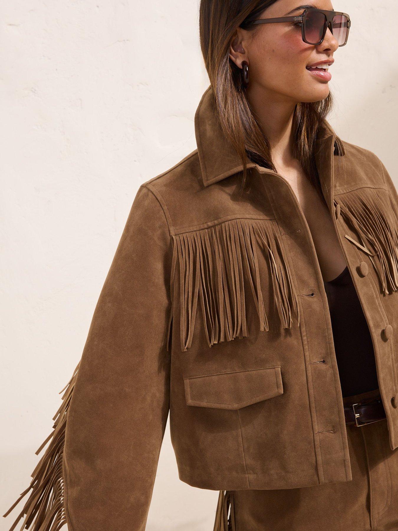 Image 4 of 5 of Friends Like These Tan Brown Fringe Faux Suede Jacket