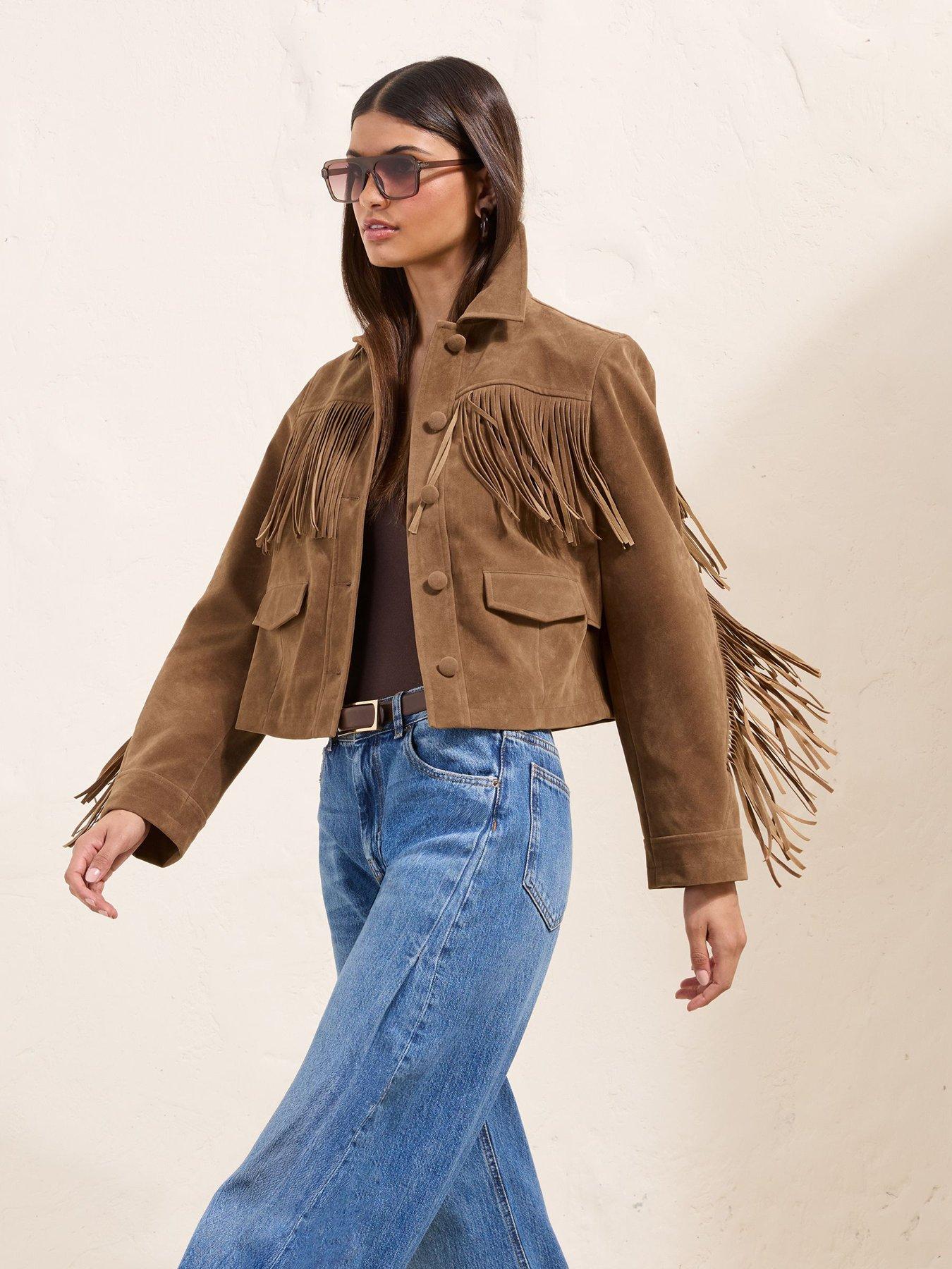 Image 5 of 5 of Friends Like These Tan Brown Fringe Faux Suede Jacket