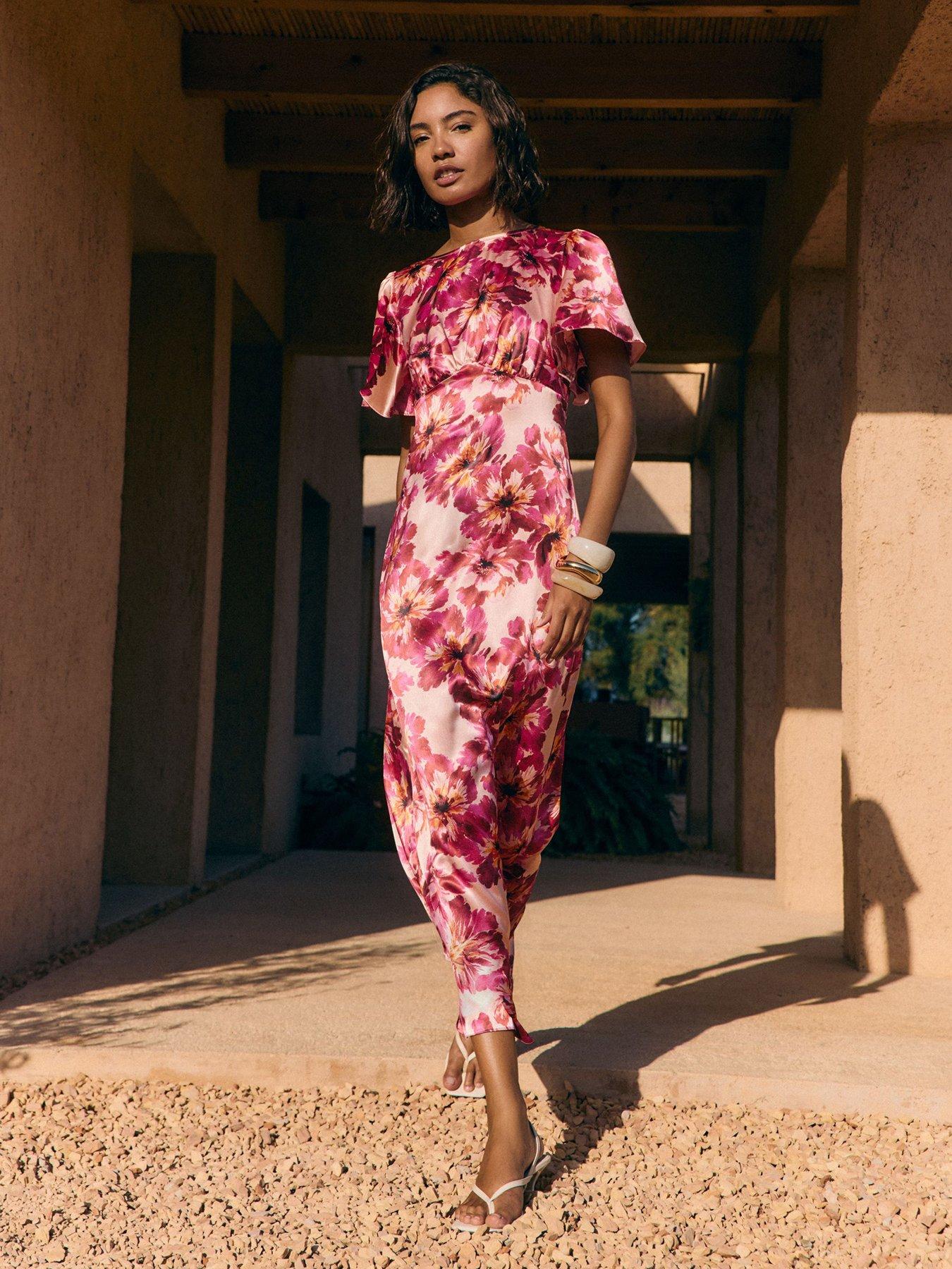 Image 1 of 6 of Friends Like These Berry Pink Blurred Floral Ruffle Sleeve Midi Dress