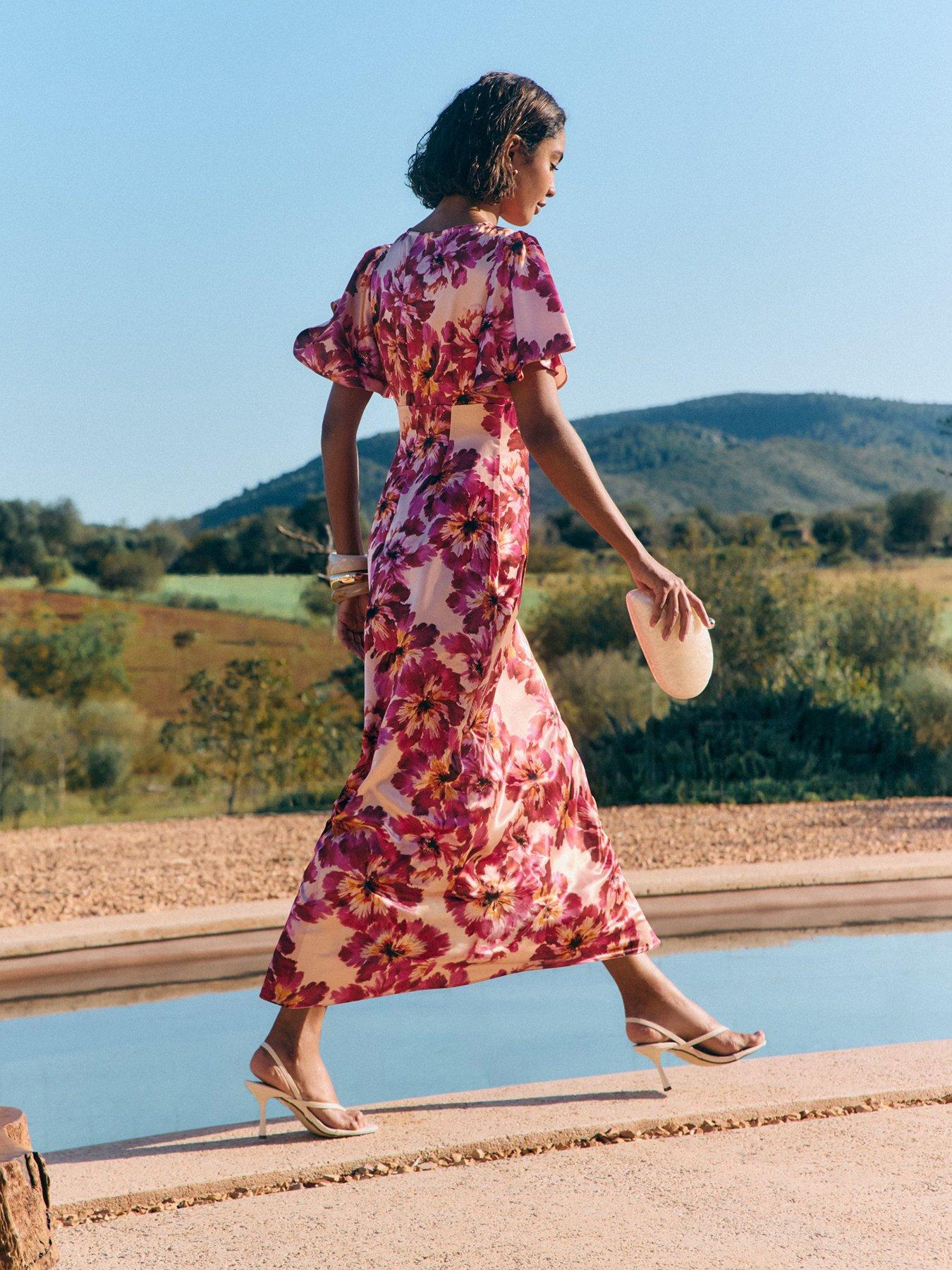 Image 2 of 6 of Friends Like These Berry Pink Blurred Floral Ruffle Sleeve Midi Dress