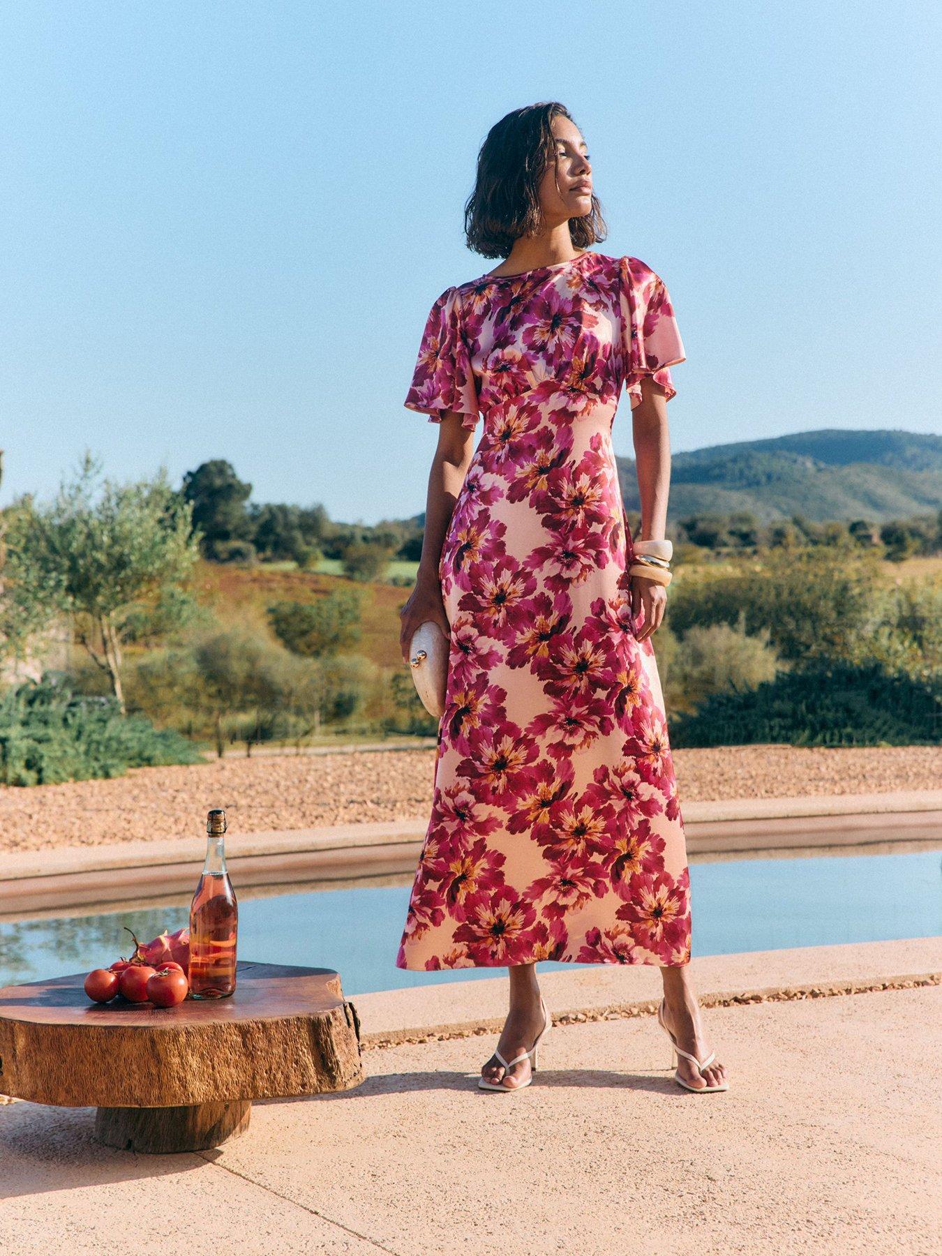 Image 3 of 6 of Friends Like These Berry Pink Blurred Floral Ruffle Sleeve Midi Dress