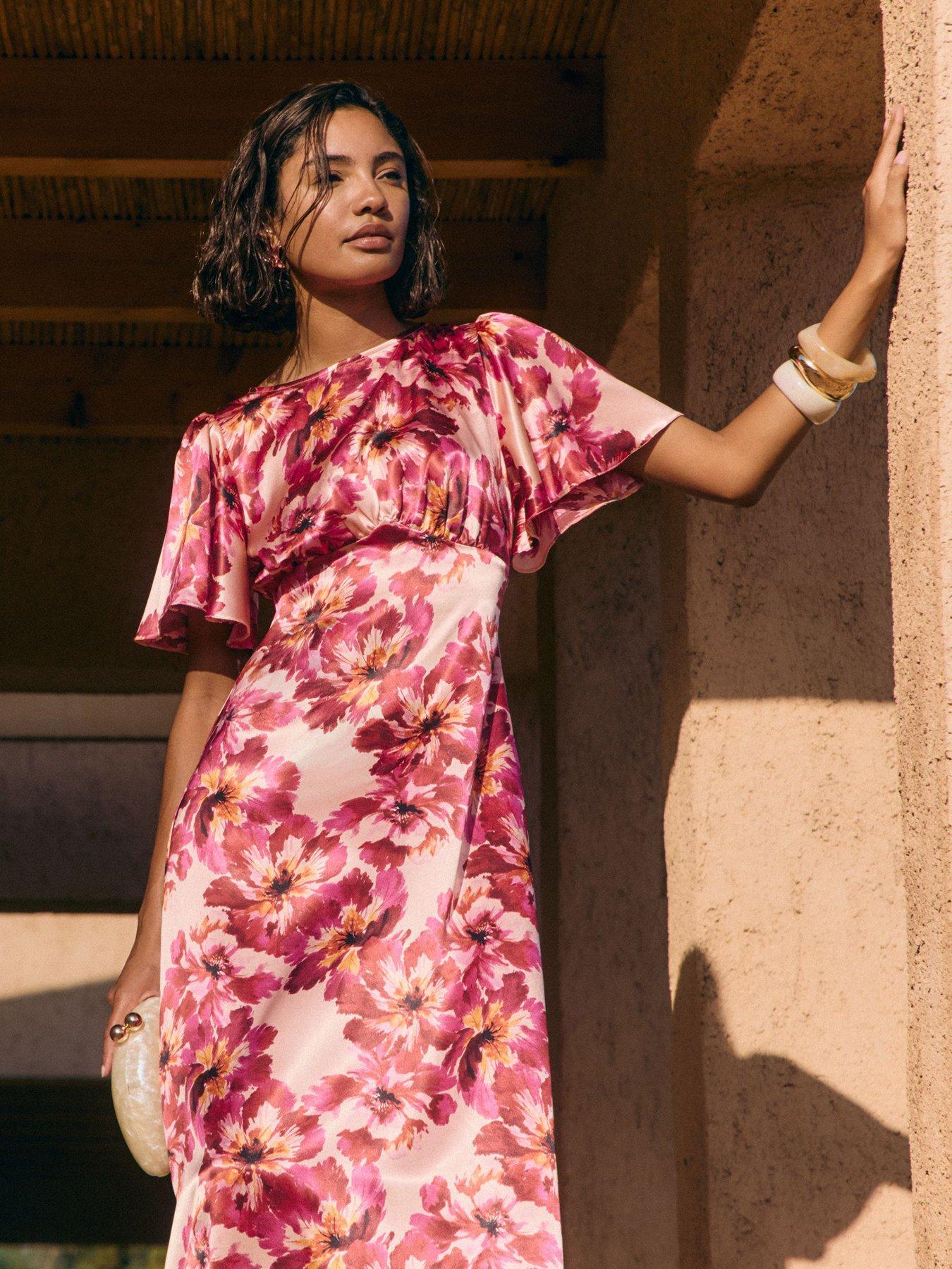 Image 4 of 6 of Friends Like These Berry Pink Blurred Floral Ruffle Sleeve Midi Dress