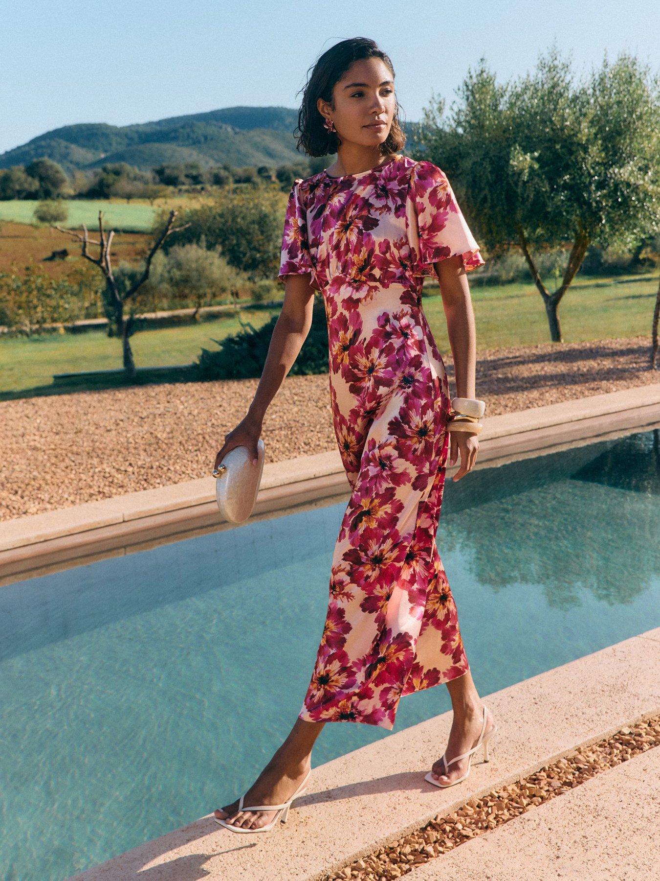 Image 6 of 6 of Friends Like These Berry Pink Blurred Floral Ruffle Sleeve Midi Dress