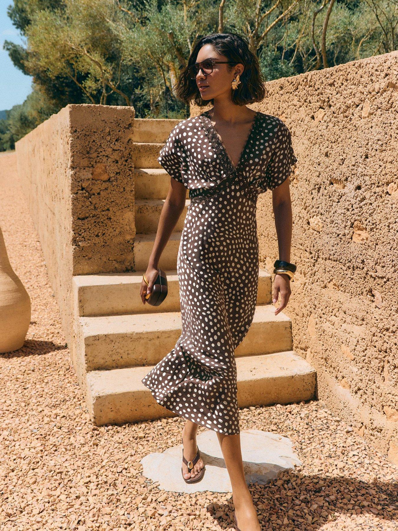 Friends Like These Brown Spot Print Satin Lace Trim Batwing Midi Dress