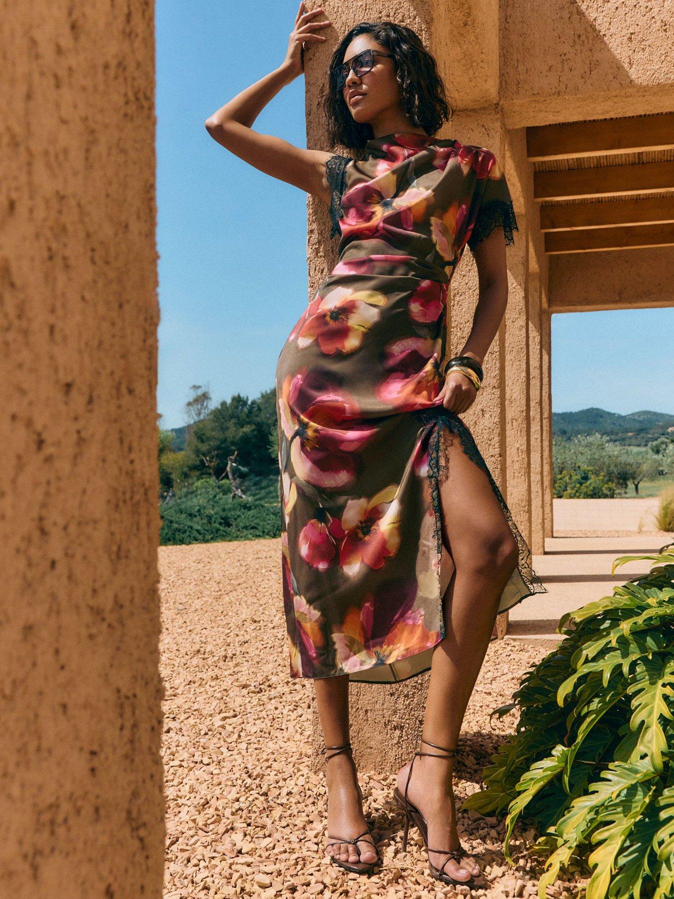 Image 1 of 5 of Friends Like These Floral Print Side Split Detail Midi Dress - Multi