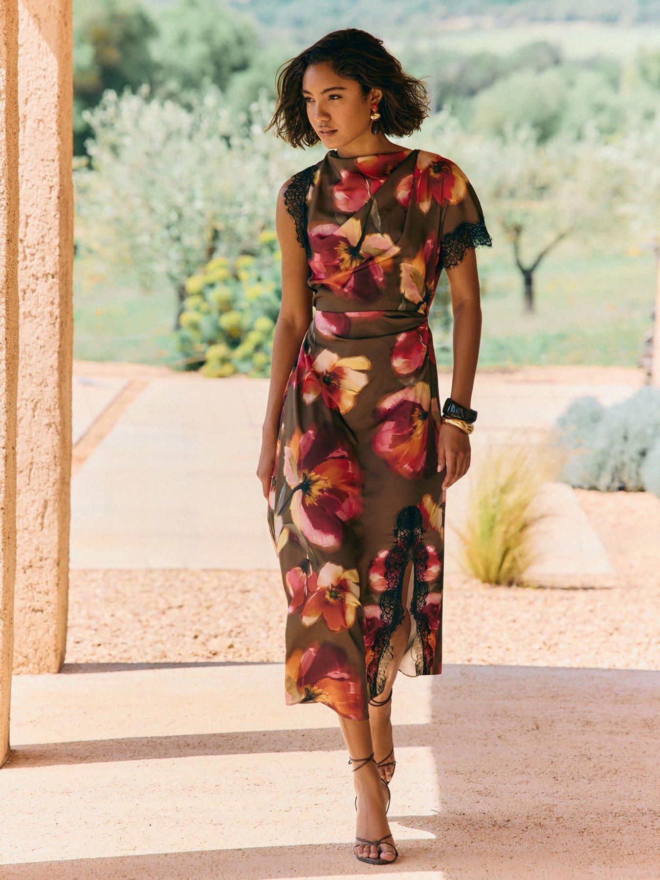 Image 3 of 5 of Friends Like These Floral Print Side Split Detail Midi Dress - Multi