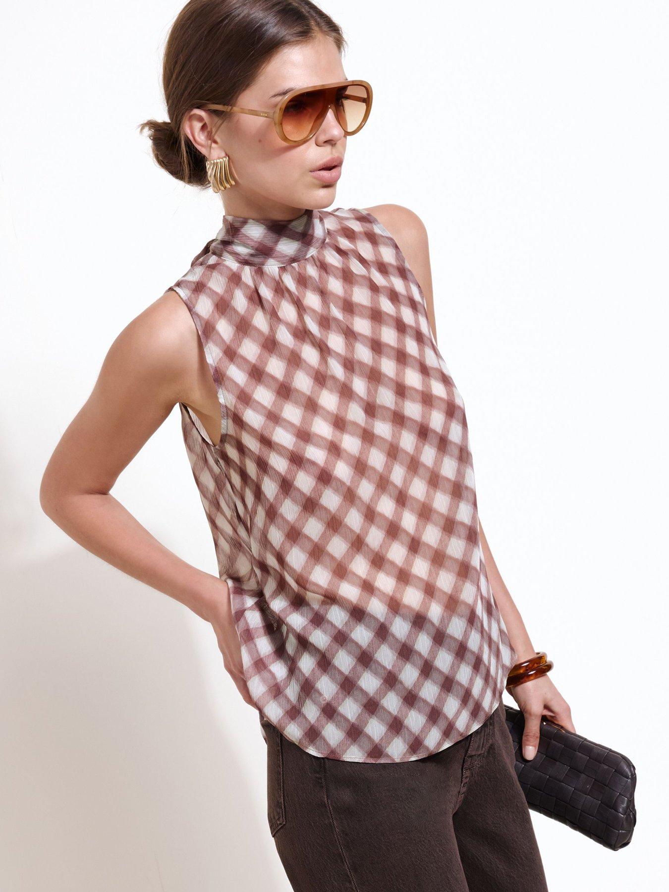 Friends Like These Check Print Sheer High Neck Tie Detail Blouse - Red