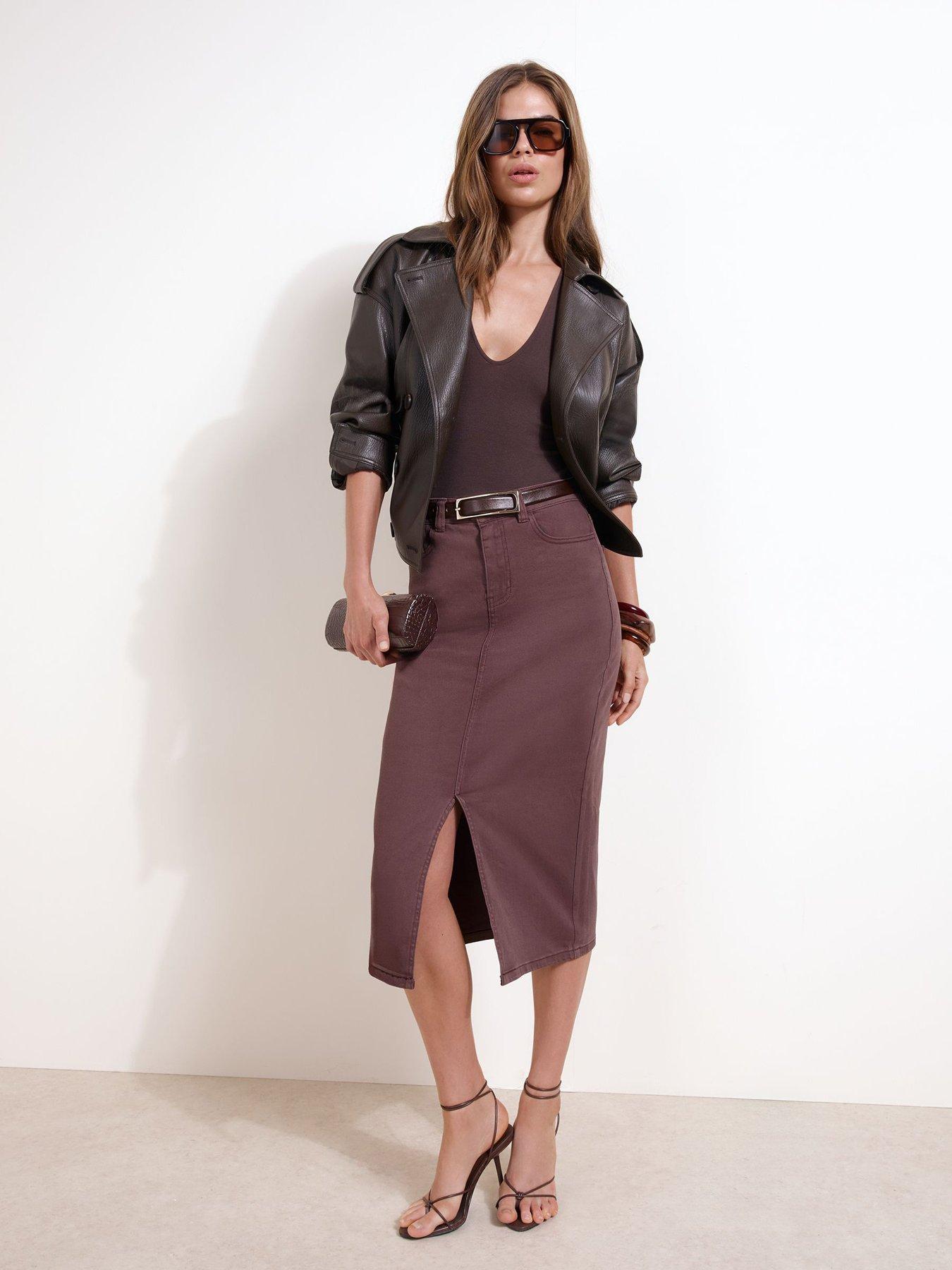 Image 3 of 5 of Friends Like These Mocha Brown Split Front Denim Midi Skirt